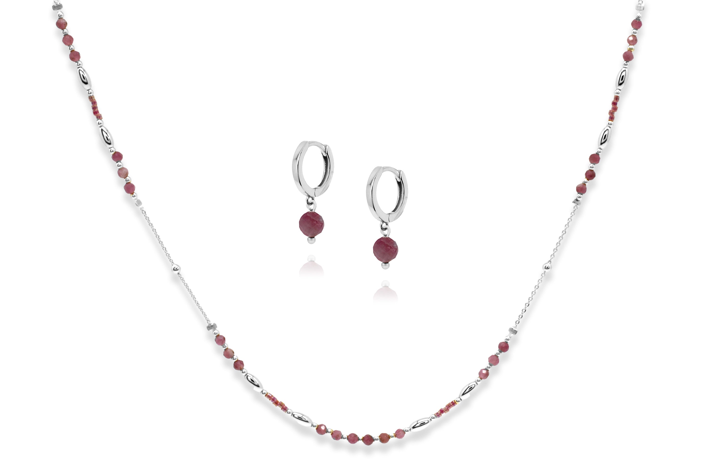 Horus Gemstone Silver Necklace & Earring Gift Set#color_Pink Tourmaline