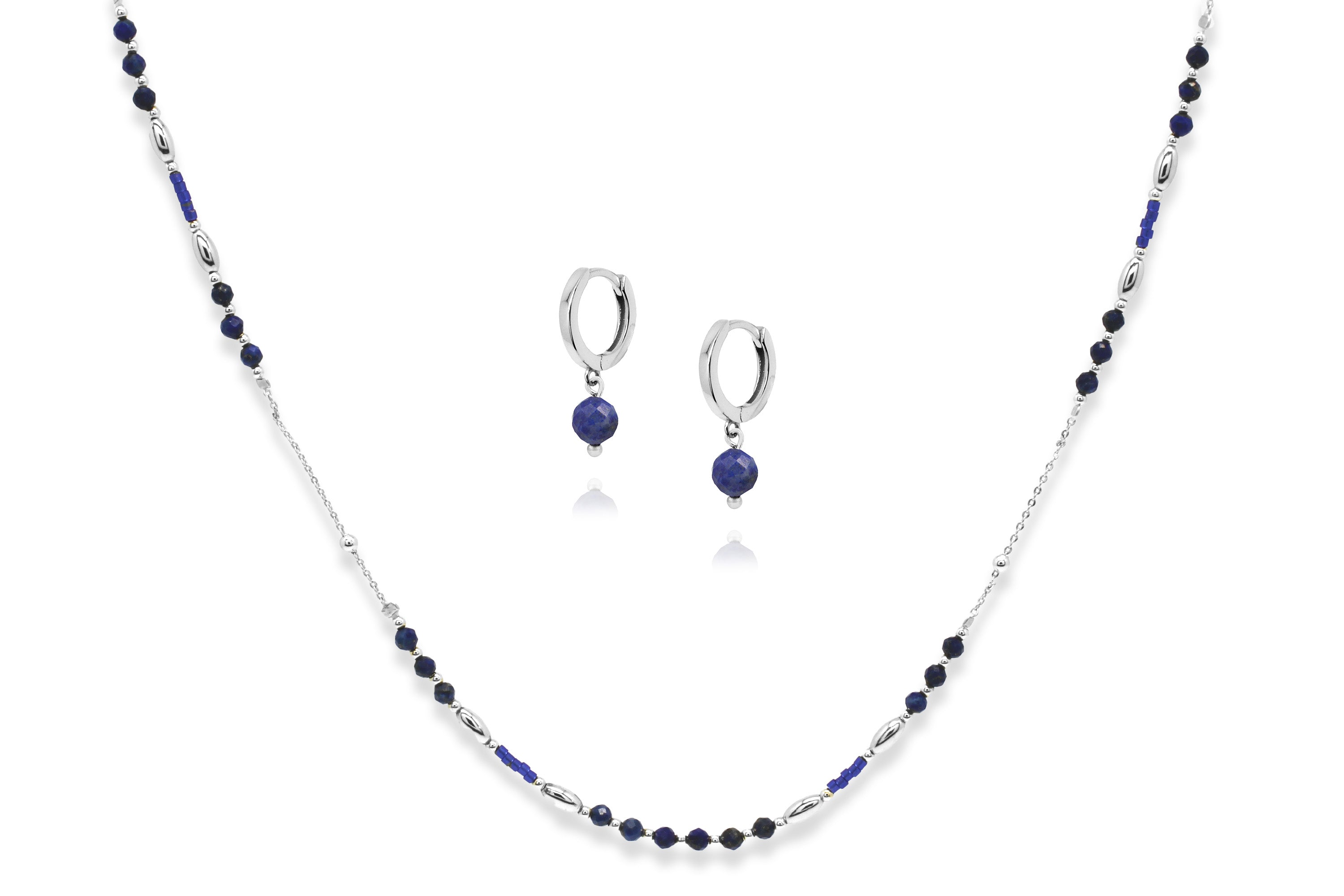 Horus Gemstone Silver Necklace & Earring Gift Set#color_Lapis Lazuli