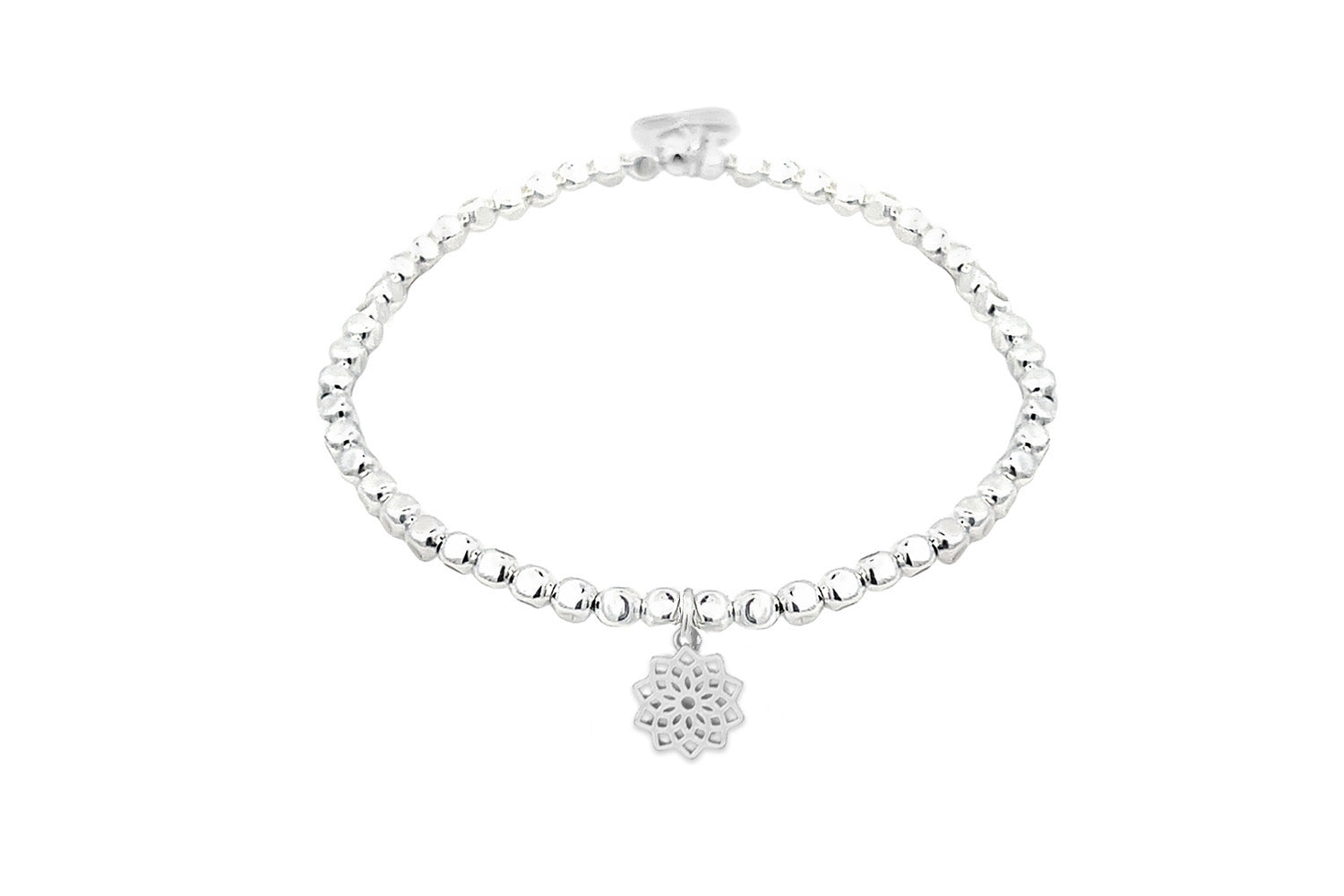 Silver Crown Chakra Charm Bracelet with polished silver beads and a symbolic crown chakra charm.