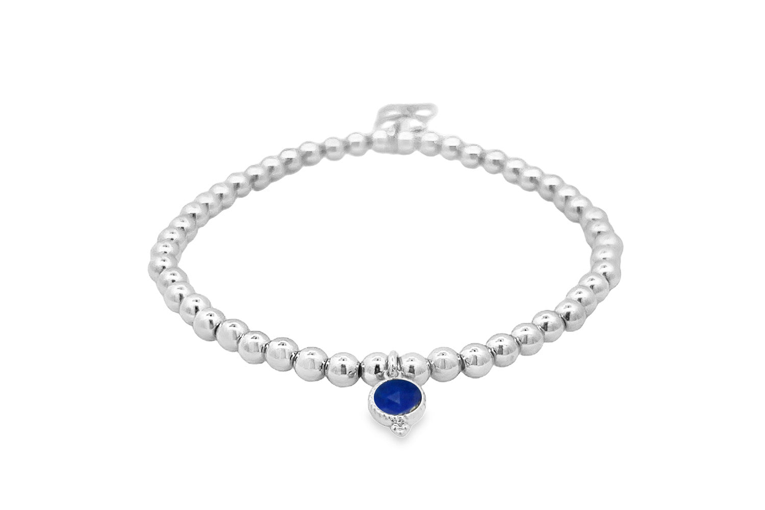 Silver Lapis Lazuli September Birthstone Charm Bracelet with polished silver beads and a genuine deep-blue Lapis Lazuli gemstone charm.