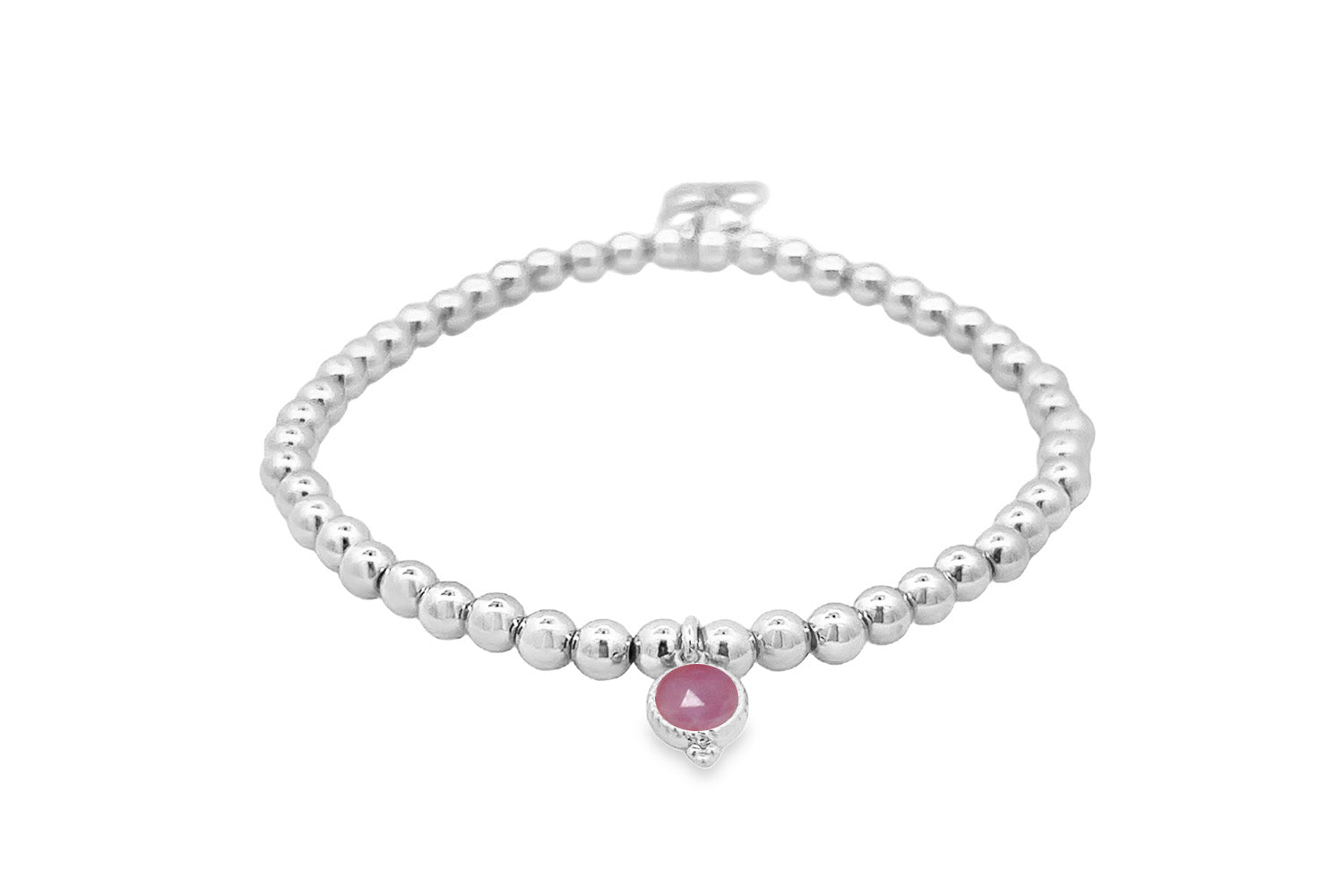 Silver Pink Tourmaline October Birthstone Charm Bracelet with polished silver beads and a blush pink gemstone charm.