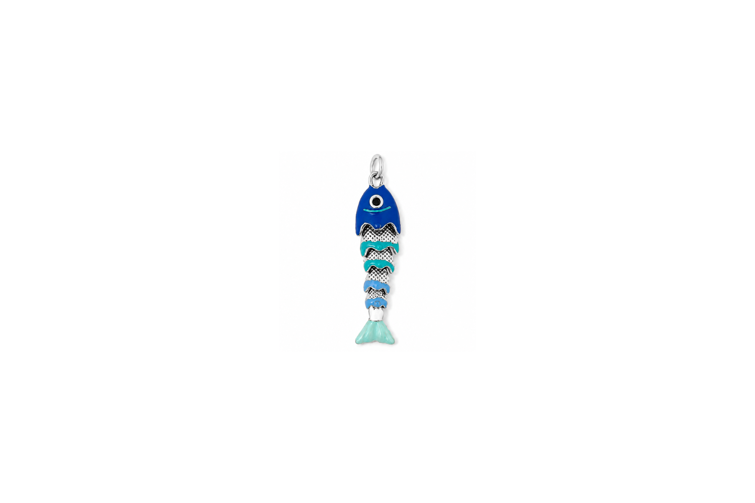 Sirena Blue Ombré Fish Silver Waterproof Charm featuring an articulated fish design with blue ombré enamel and waterproof White Gold PVD-coated stainless steel.