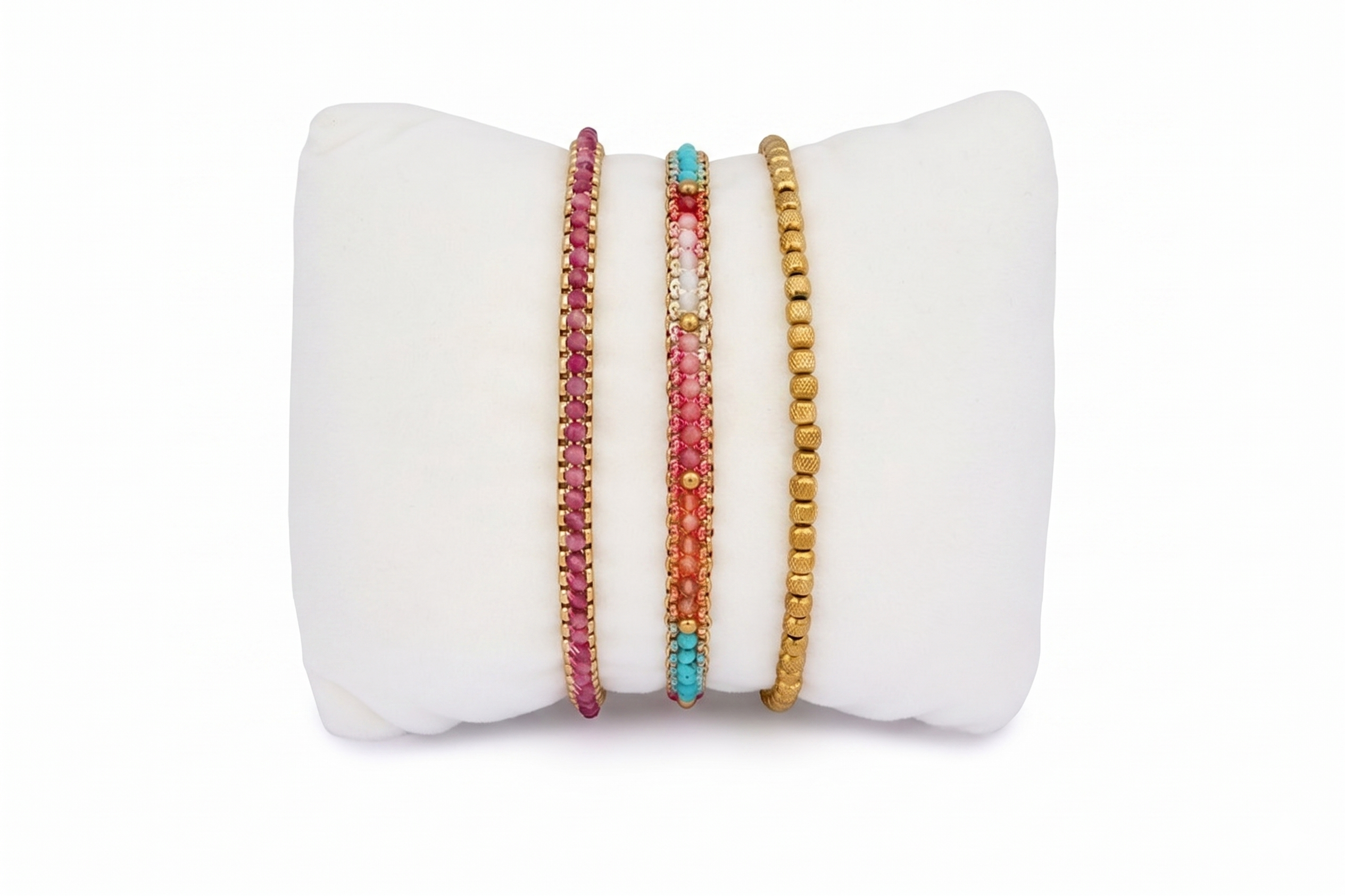 Socotra Candy & Pink Tourmaline Gold Bracelet Stack featuring pink tourmaline gemstones, colourful candy-toned beads and layered gold bracelet designs.
