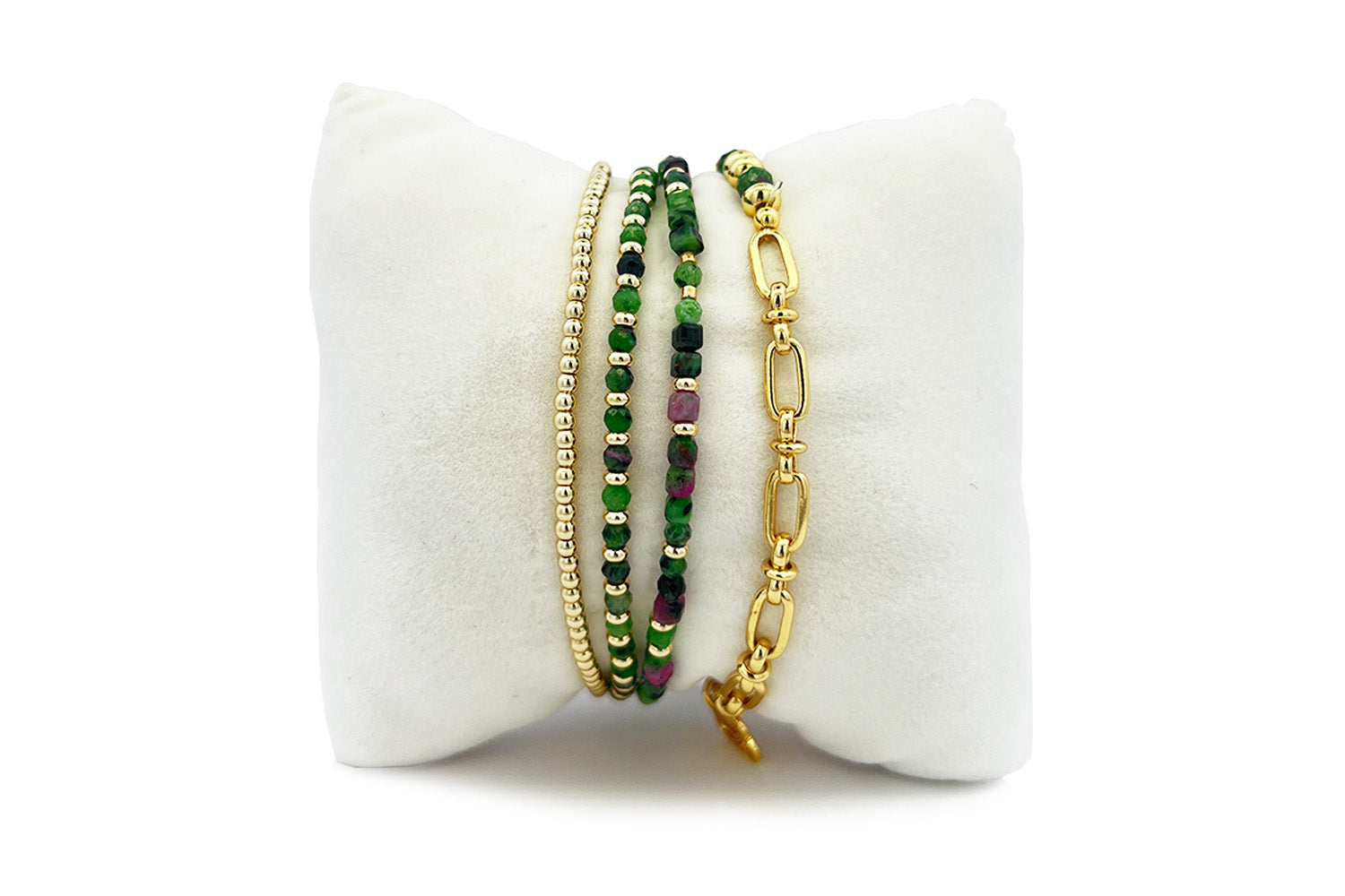 Solarte Gold & Ruby Zoisite Bracelet Stack with Annabelle wrap bead strand and Dahlia half bead, half paperclip chain in polished gold