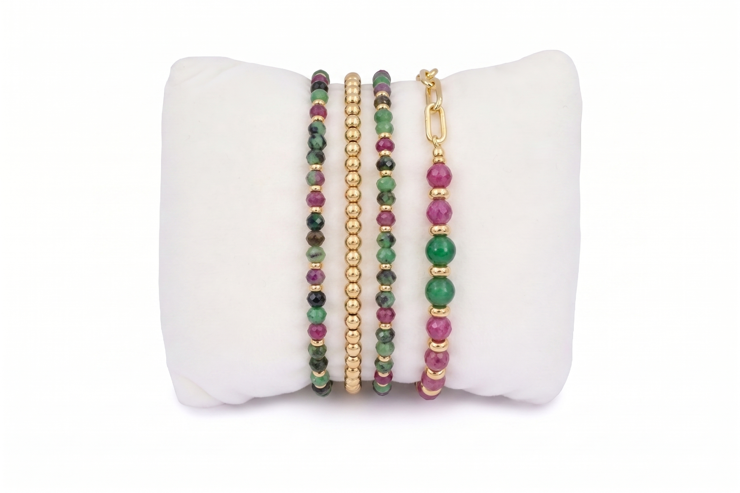 Solarte Gold & Ruby Zoisite Bracelet Stack with Annabelle wrap bead strand and Dahlia half bead, half paperclip chain in polished gold