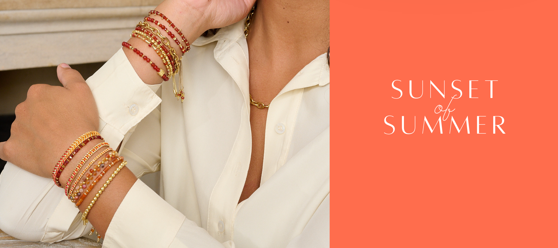 Boho Betty Autumn Stlying with vibrant orange and red gemstone and braided bracelets. Perfetct feel good factory jewellery