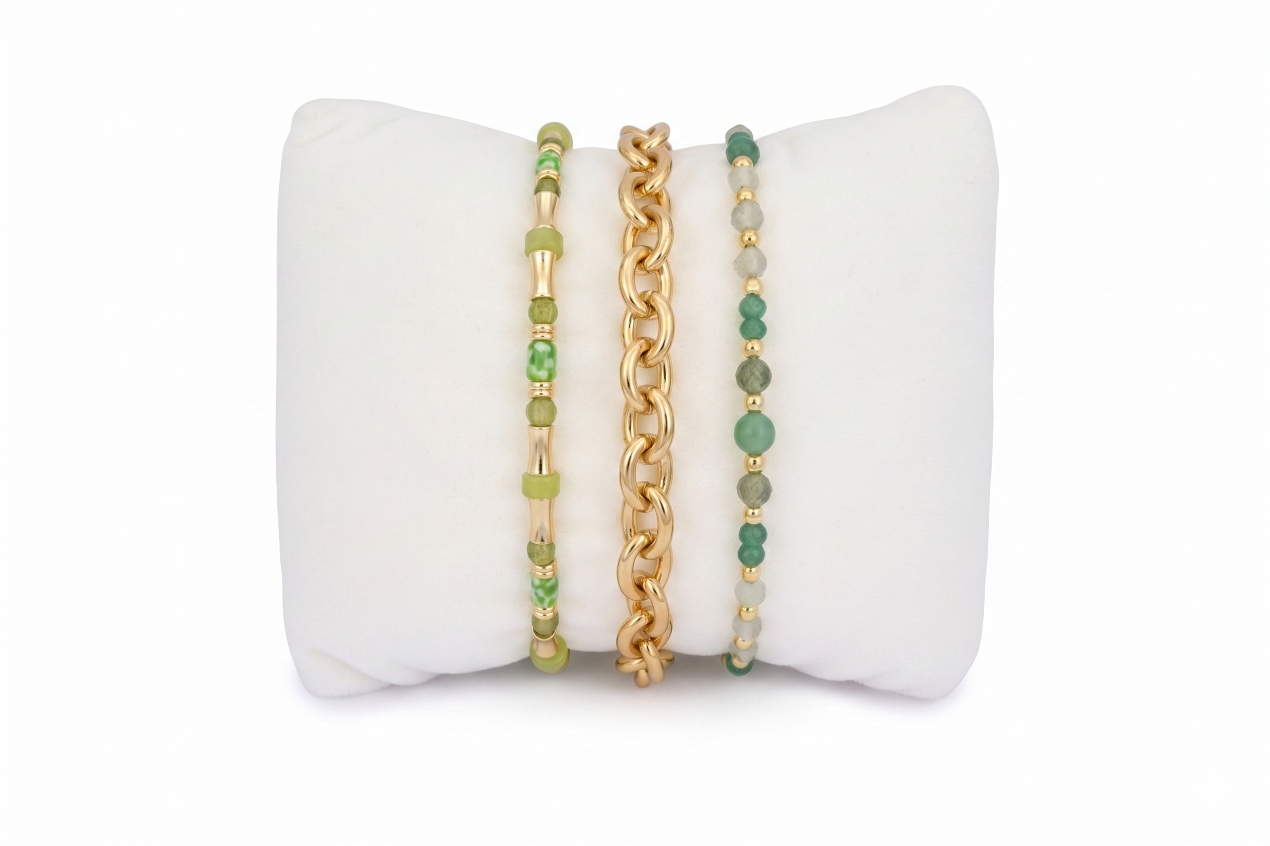 Talofofo Green and Gold Bracelet Stack featuring layered green gemstone bracelets, chunky gold chain details and polished gold accents in a colourful boho-inspired design.