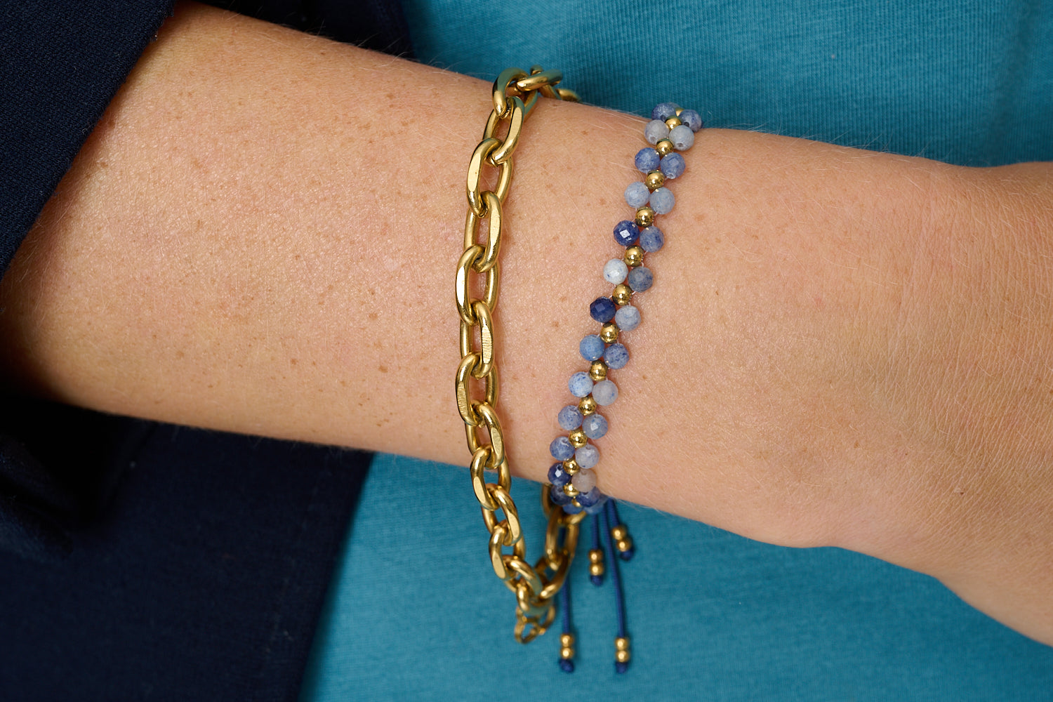 Tanna Blue Aventurine Gold Bracelet Stack, bold gold chain paired with a blue aventurine beaded bracelet styled on the wrist.