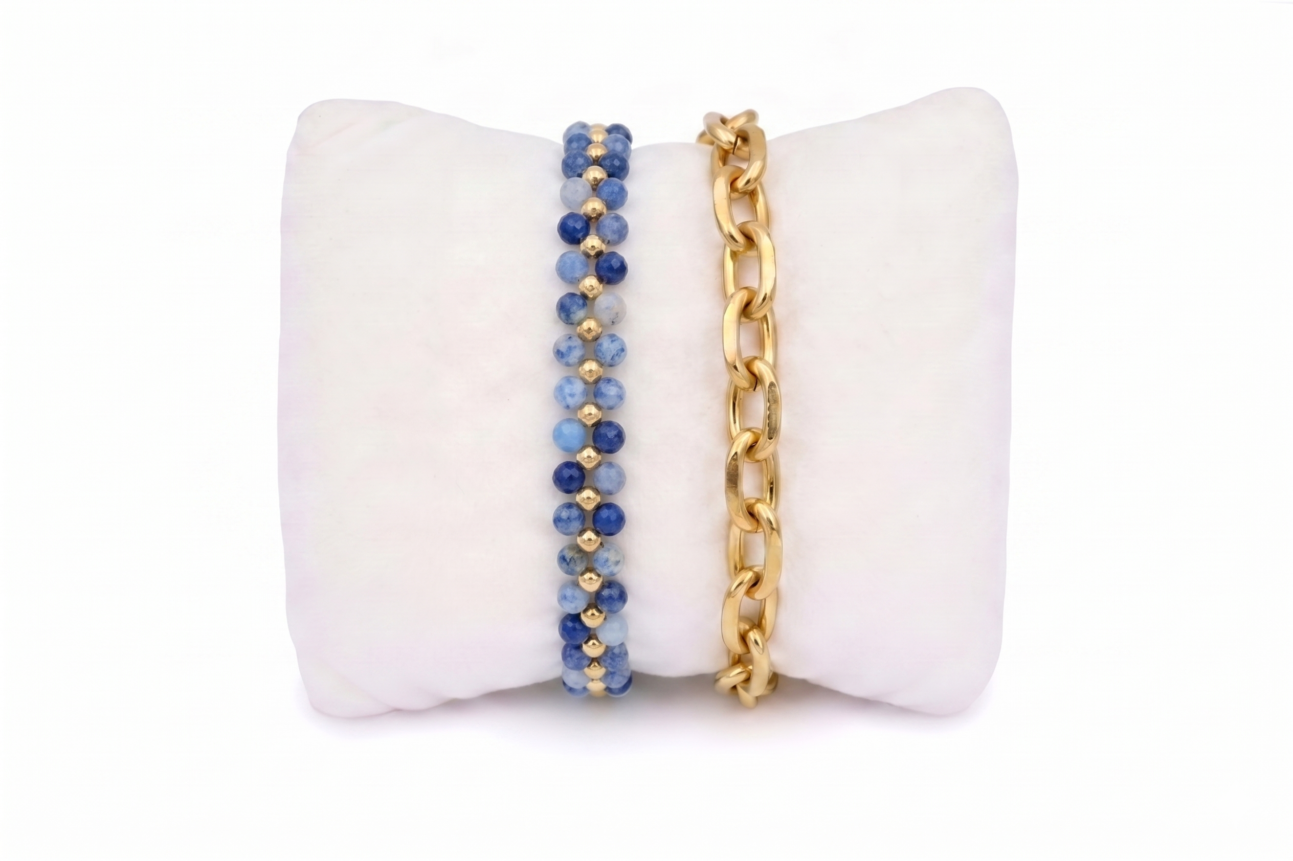 Tanna Blue Aventurine Gold Bracelet Stack, bold gold chain paired with a blue aventurine beaded bracelet styled on the wrist.