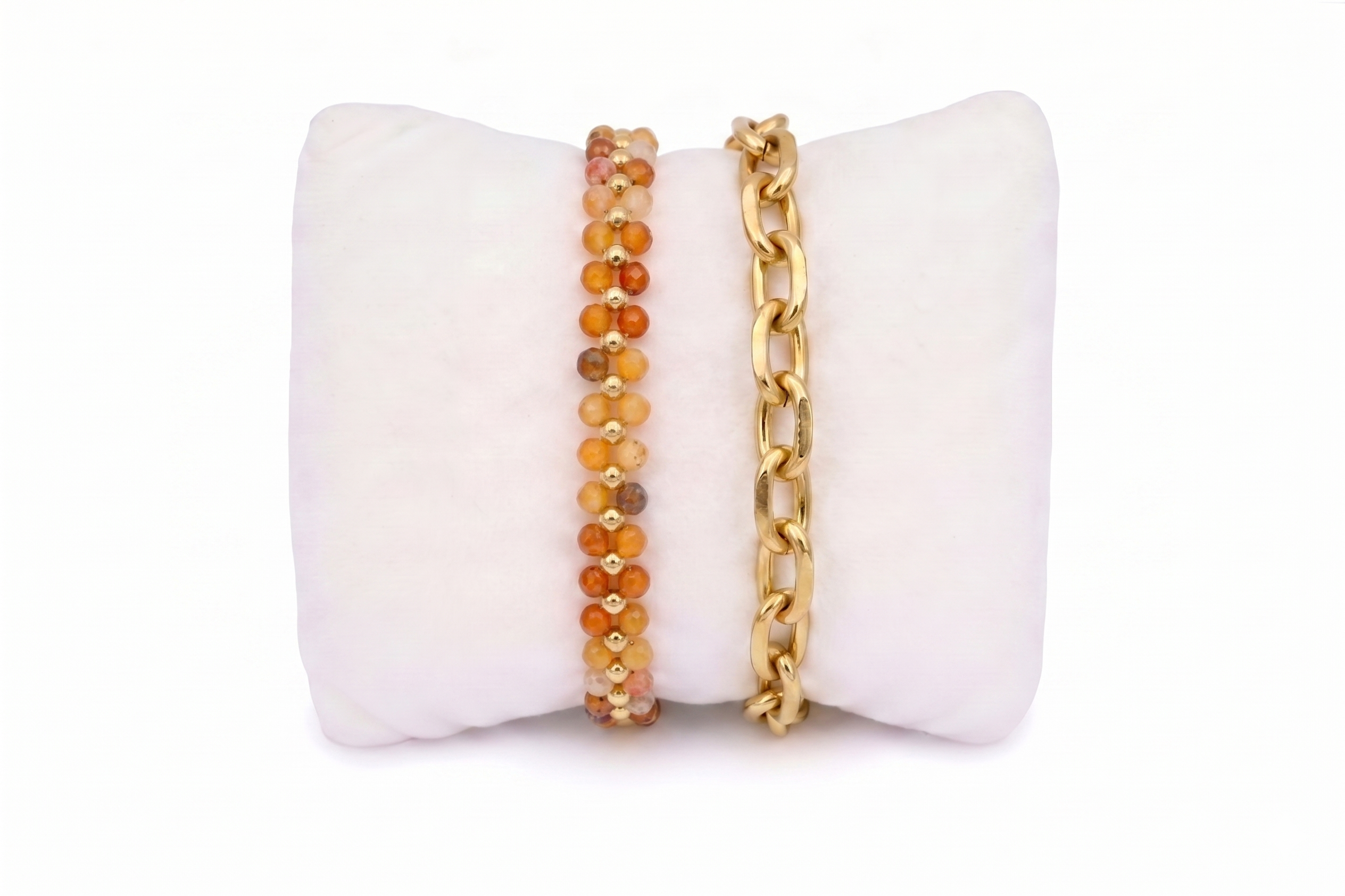 Tanna Orange Agate & Gold Bracelet Stack with Marisol faceted orange agate slider and Nyssa chunky oval-link chain in 14k PVD gold