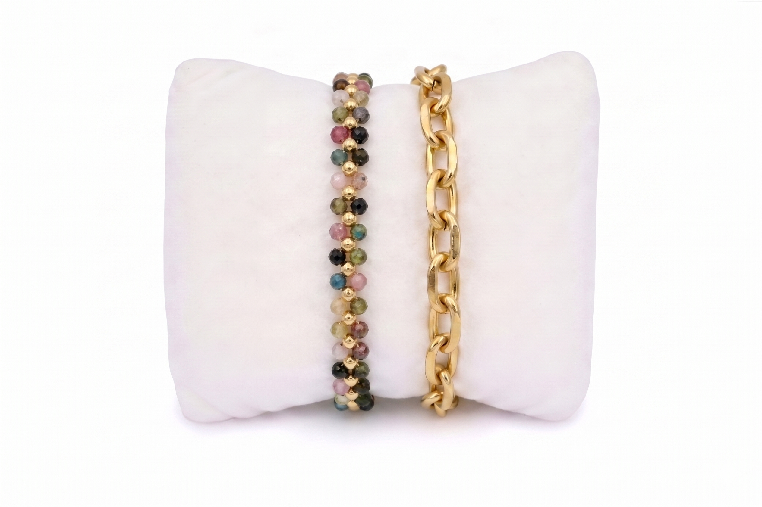 Tanna Tourmaline & Gold Bracelet Stack, gold chain with multi-coloured tourmaline beaded bracelet, adjustable slider