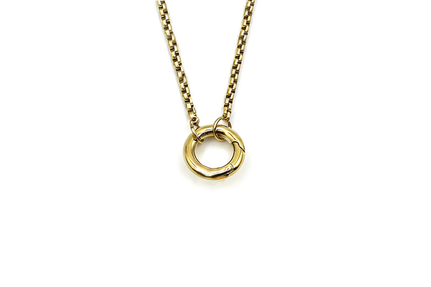 Thalia long gold chain necklace with front charm carrier ring, waterproof gold layering necklace