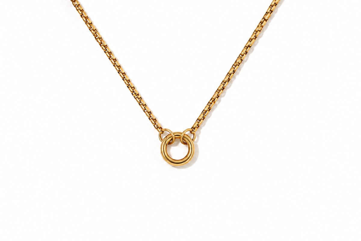 Thalia short gold chain necklace with central ring detail, minimal waterproof gold necklace for layering