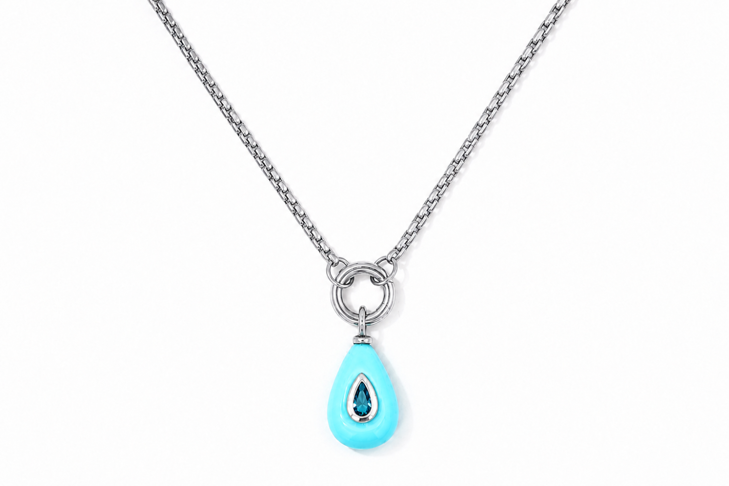 Thalia Short Turquoise Howlite Teardrop Pendant Necklace featuring a turquoise howlite gemstone with a blue crystal on a waterproof stainless steel chain.