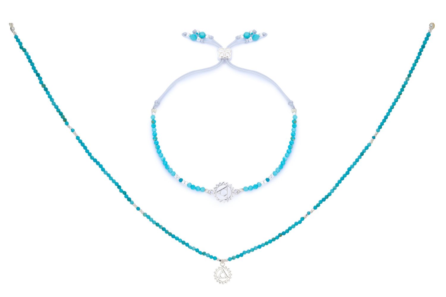Turquoise Howlite, Apatite & Silver Throat Chakra Necklace and Bracelet Set featuring bright turquoise beads, pale apatite accents, silver-plated details, and a symbolic Throat Chakra charm for expressive clarity.