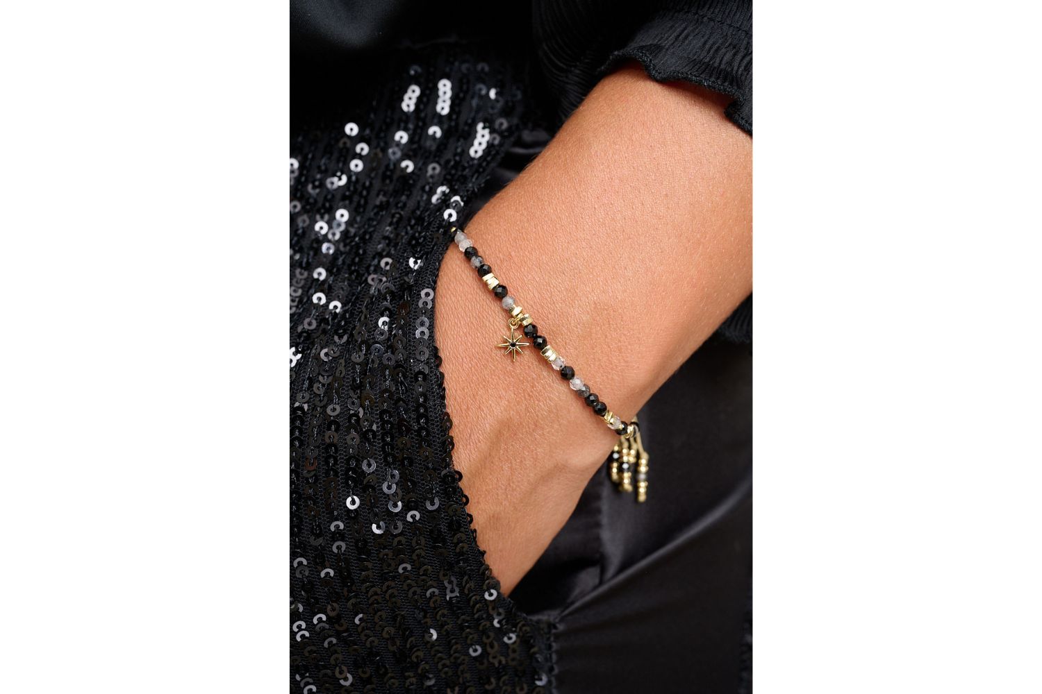Una Gold & Black Spinel Mix Gemstone Bracelet featured on wrist with Boho Betty stacking bracelets