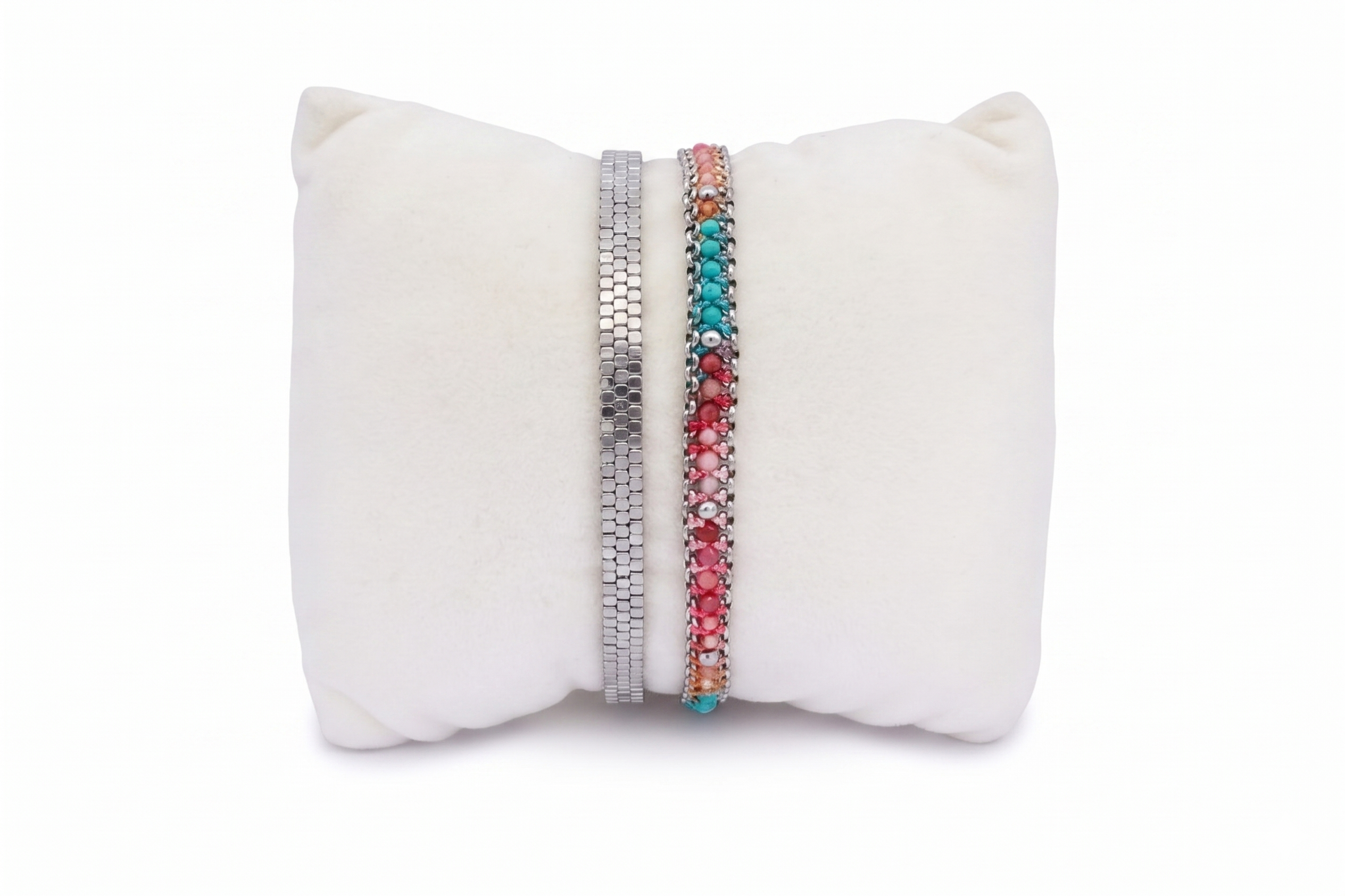 Vaadhoo Candy and Silver Bracelet Stack featuring layered silver bracelets with colourful gemstone details and polished silver bead textures in a playful boho-inspired design.
