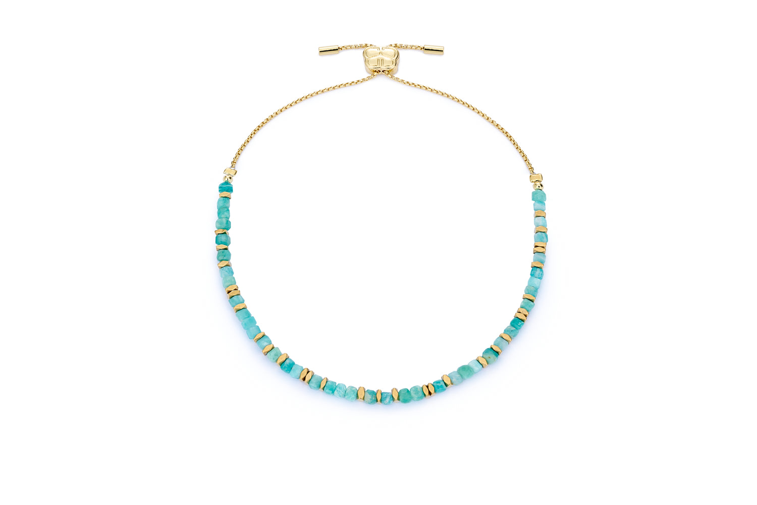 Valentina Amazonite & Gold Bracelet featuring soothing Amazonite gemstones, 12k gold-plated accents, and an adjustable chain slider fastening for the perfect fit.