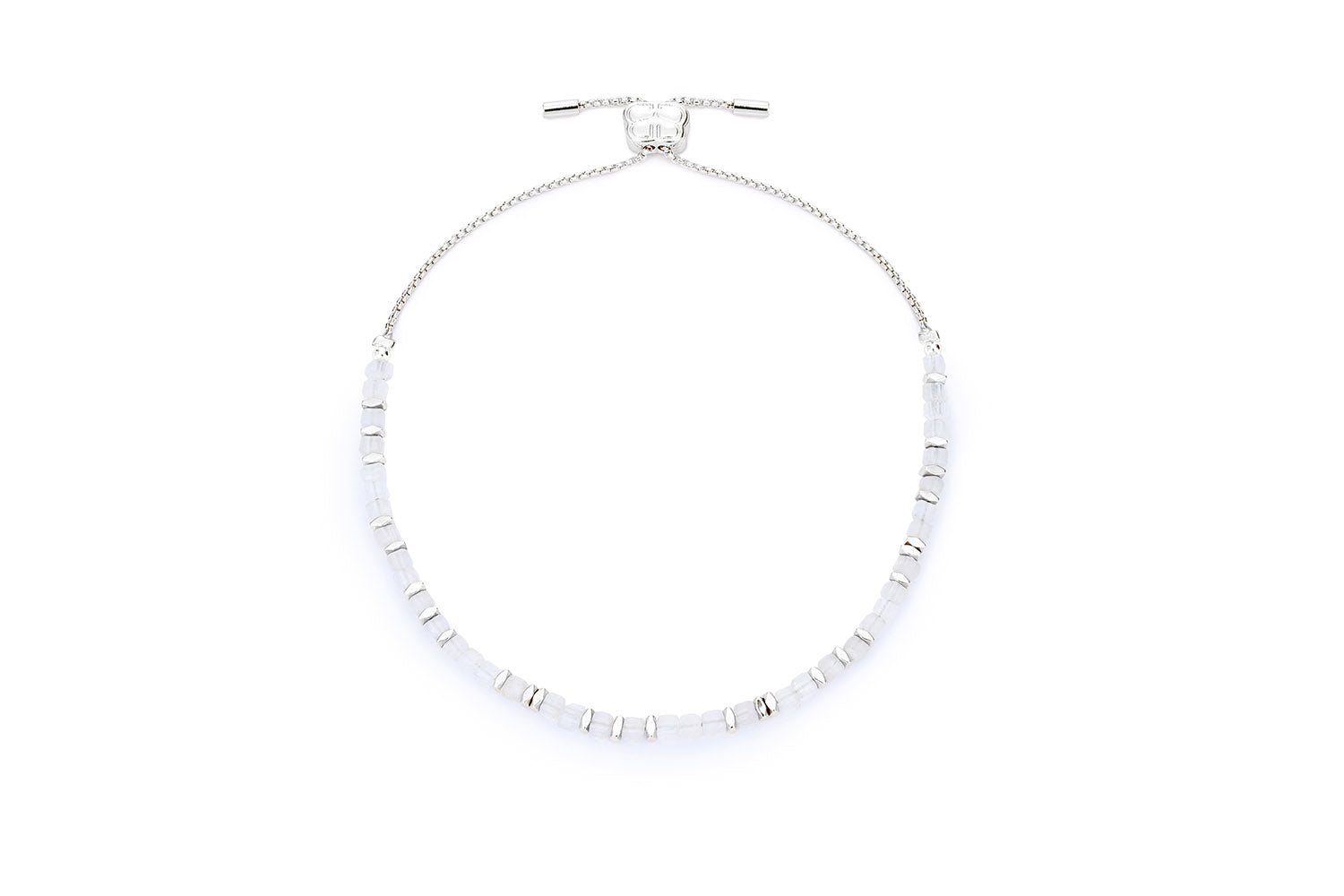 Valentina Silver & Rainbow Moonstone Bracelet featuring soft glowing rainbow moonstone beads, sterling silver-plated accents, and an adjustable slider fastening for a custom fit.