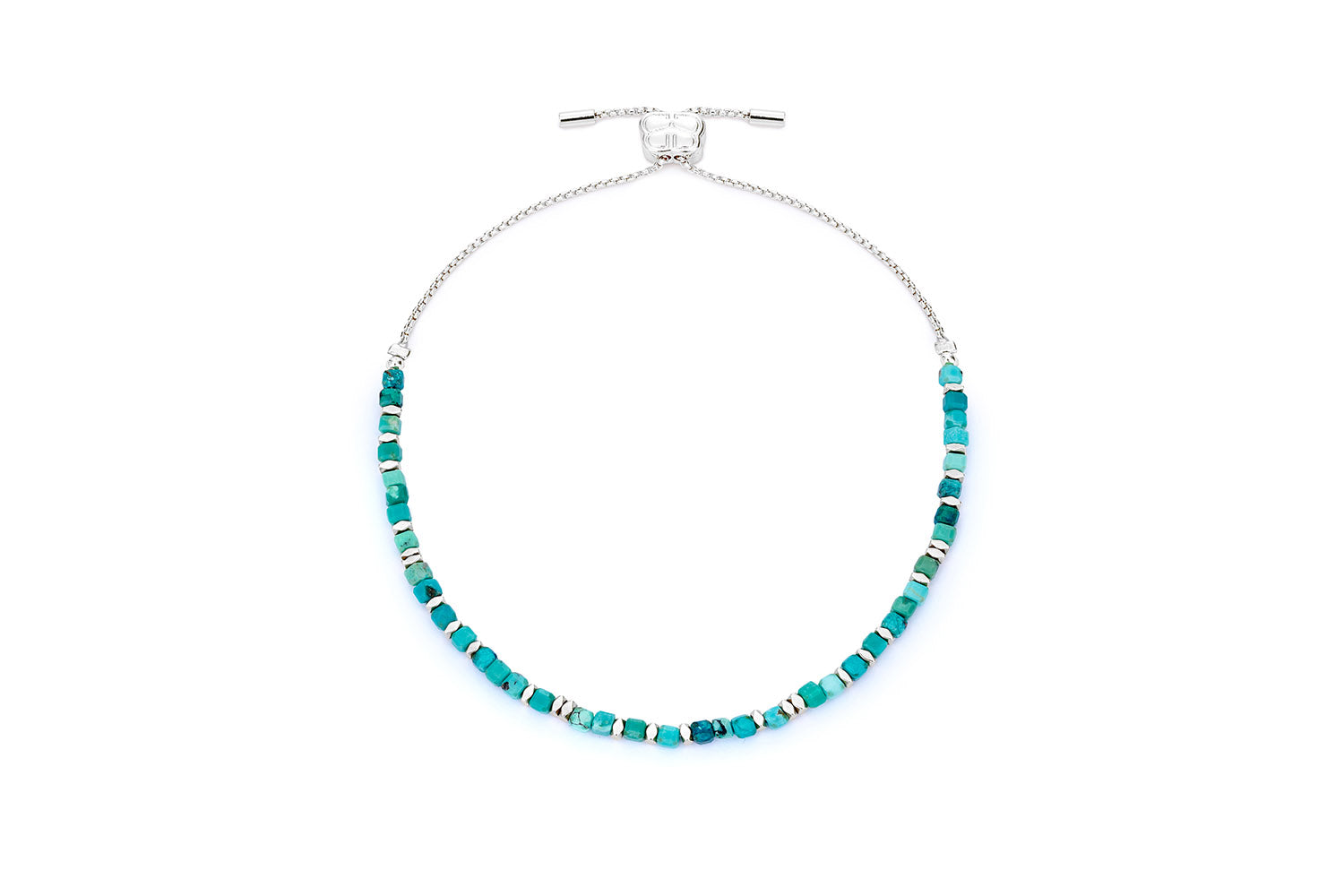 Valentina Silver & Turquoise Howlite Slider Bracelet featuring vivid turquoise howlite beads, sleek silver-plated accents, and an adjustable slider fastening for a comfortable, custom fit.