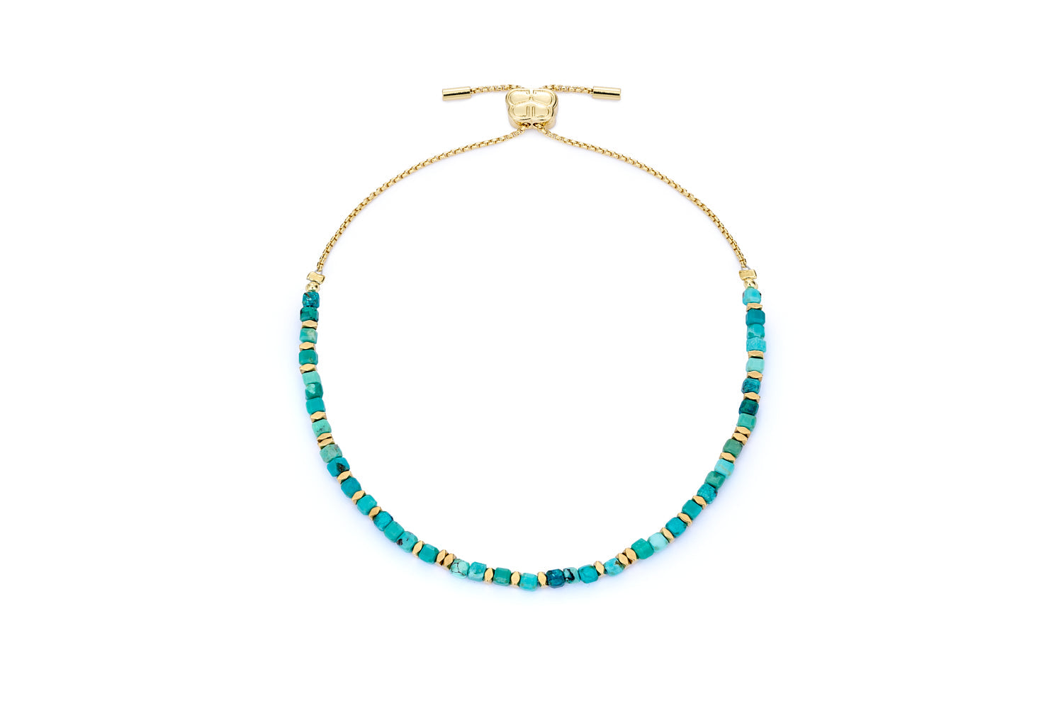 Valentina Turquoise Howlite & Gold Bracelet featuring vibrant turquoise gemstone beads, gold-plated accents, and an adjustable chain slider fastening for the perfect fit.