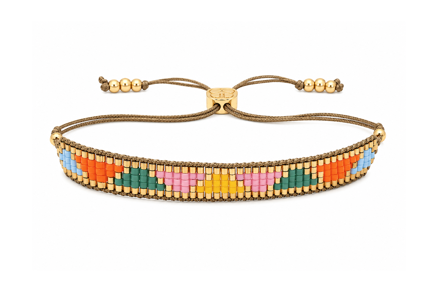 Venus Point Pastel Mosaic Beaded Friendship Bracelet featuring colourful pastel beadwork, waterproof gold PVD stainless steel details and an adjustable slider fastening.