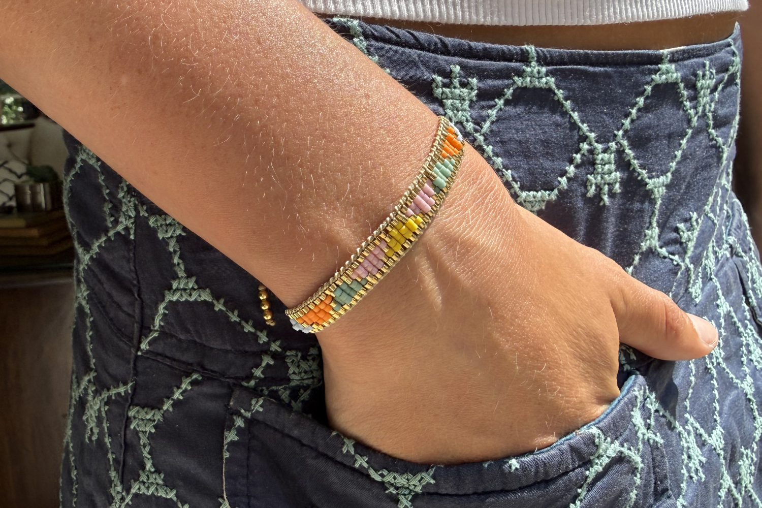 Venus Point Pastel Mosaic Beaded Friendship Bracelet styled on the wrist, showcasing colourful pastel beadwork and waterproof gold PVD details for playful everyday styling.