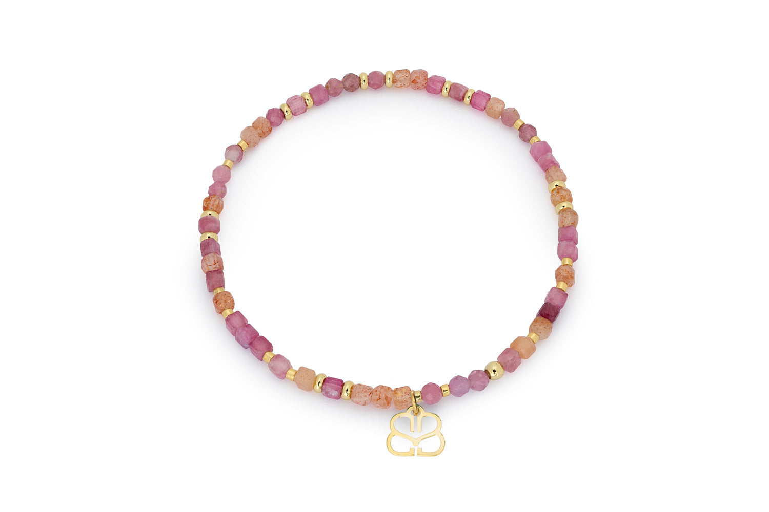 Violet Gold Pink Tourmaline & Sunstone Bead Bracelet featuring faceted gemstones in sherbet tones with gold-plated accents in an 18cm stretch fit.