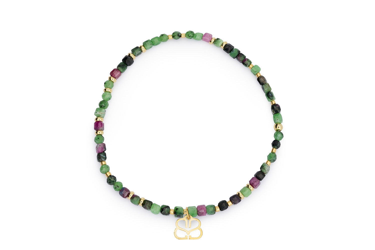 Violet Gold & Ruby Zoisite Gemstone Bracelet featuring cube-cut and faceted ruby zoisite beads with 12k gold-plated accents in an 18cm stretch fit.
