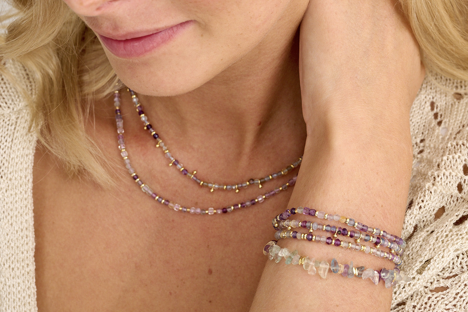 Violet Rainbow Fluorite Gold Bead Bracelet styled for boho-inspired layering, showcasing soft violet fluorite beads with 12k gold-plated accents—perfect for creating a unique jewellery stack.