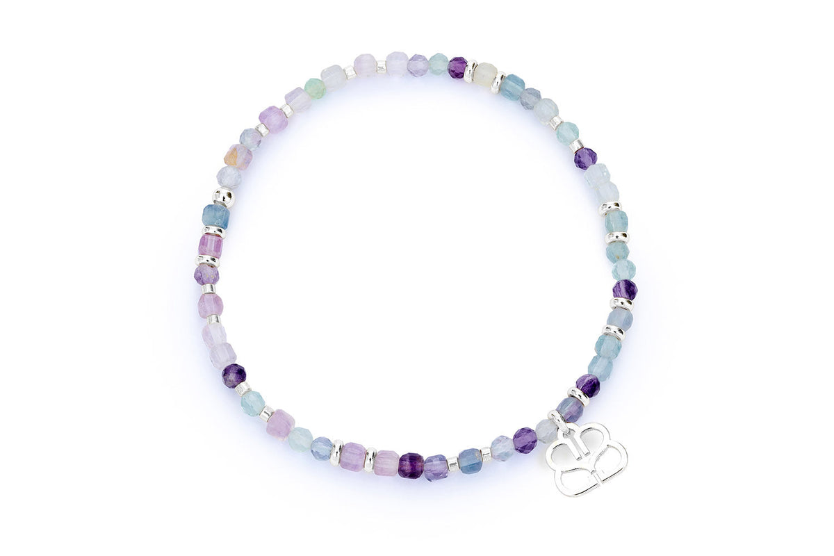 Violet Rainbow Fluorite Silver Bead Bracelet