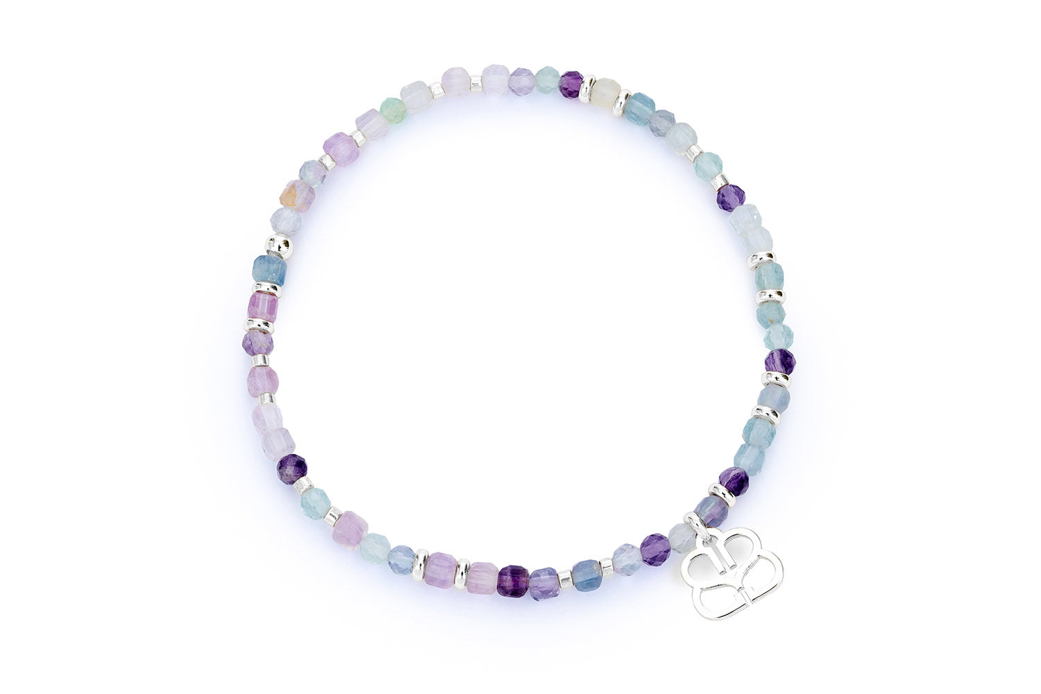 Violet Rainbow Fluorite silver Bead Bracelet featuring translucent fluorite gemstones with sterling silver-plated accents and a signature Boho Betty filigree charm, designed as a stretch bracelet for layering.