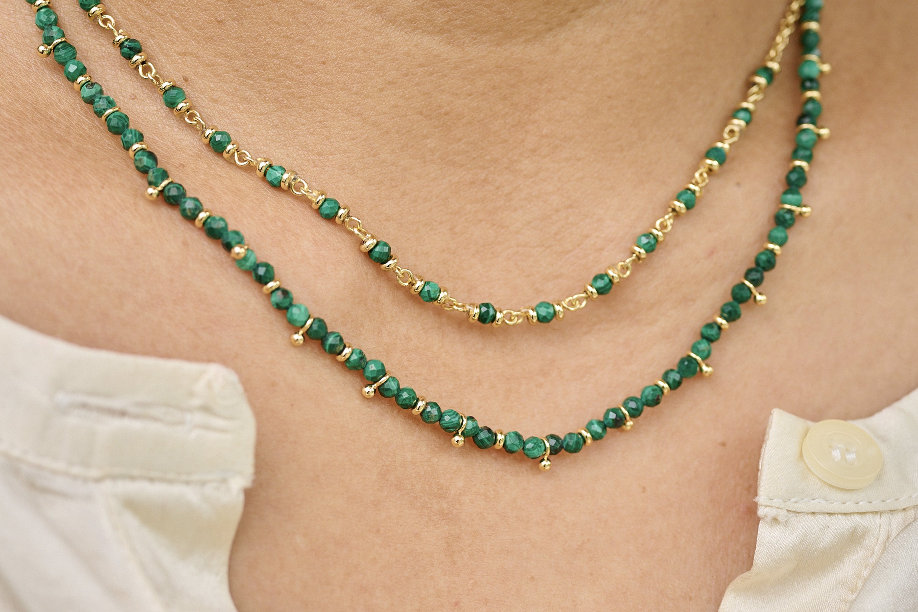 Layering Malachite Gold Gemstone Necklaces 