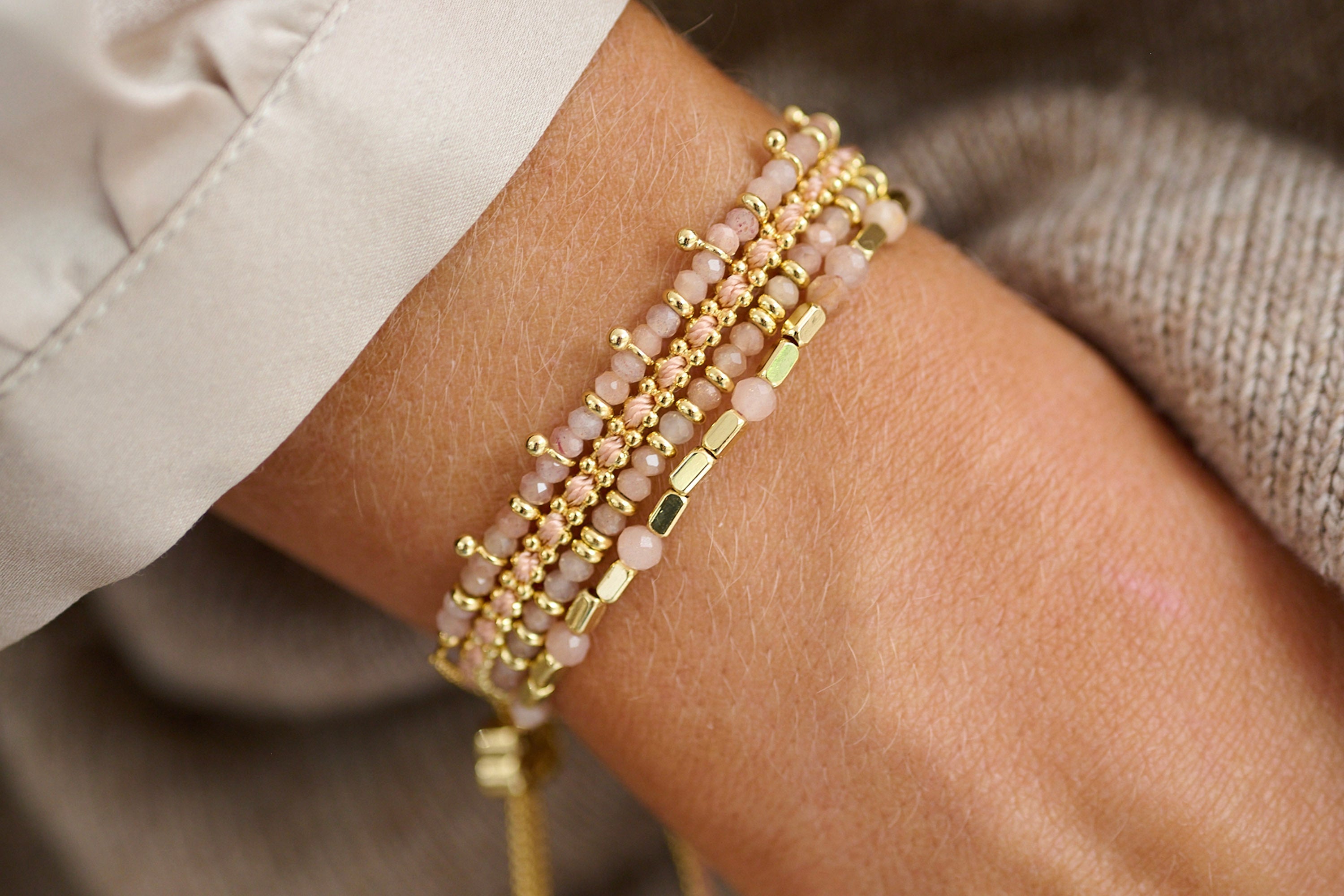 Braid Salmon Gold Bracelet styled with other Boho Betty bracelets