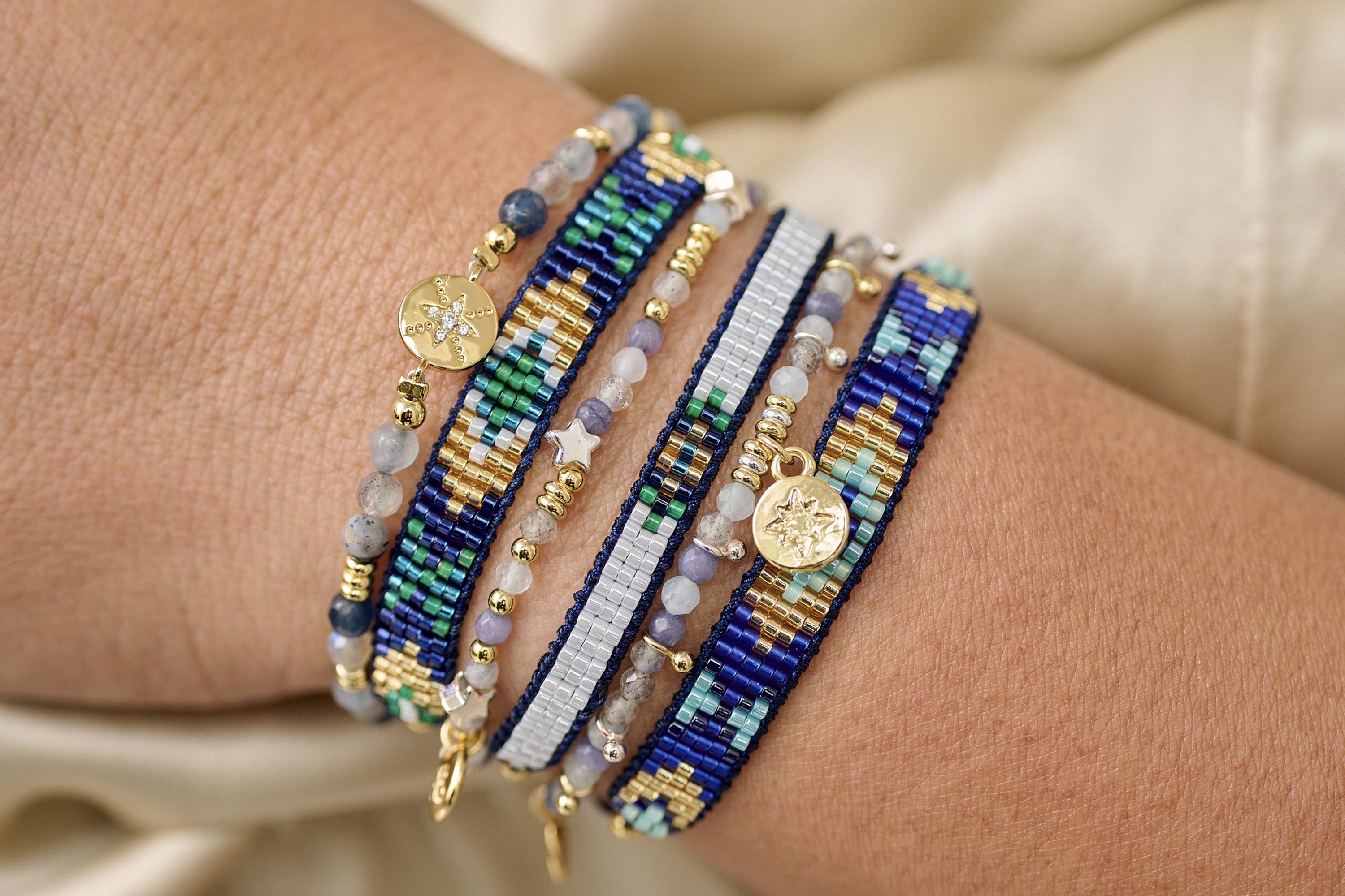 Chara Denim Gemstone & Gold Charm Bracelet - Boho Betty