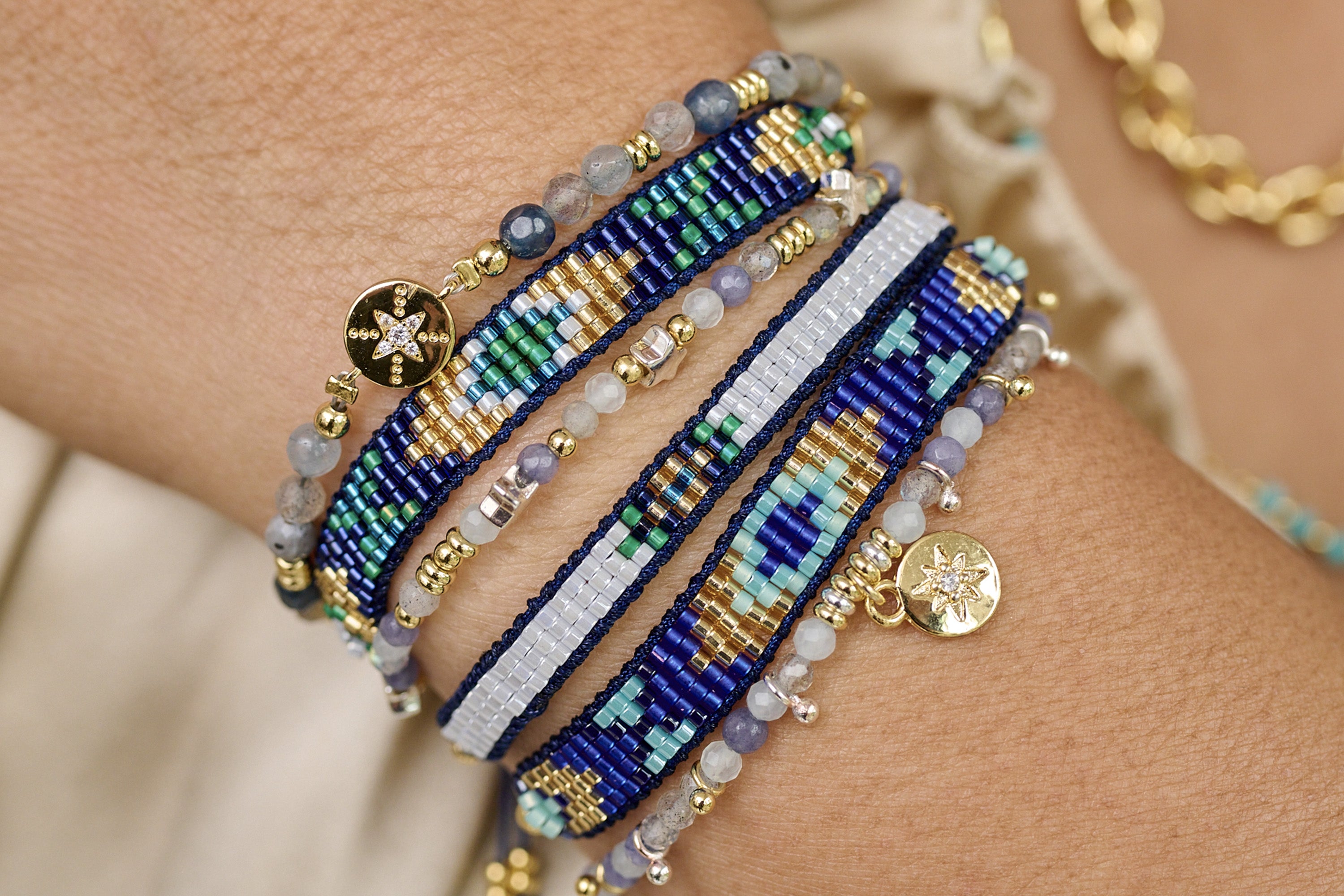 Chara Denim Gemstone & Gold Charm Bracelet - Boho Betty