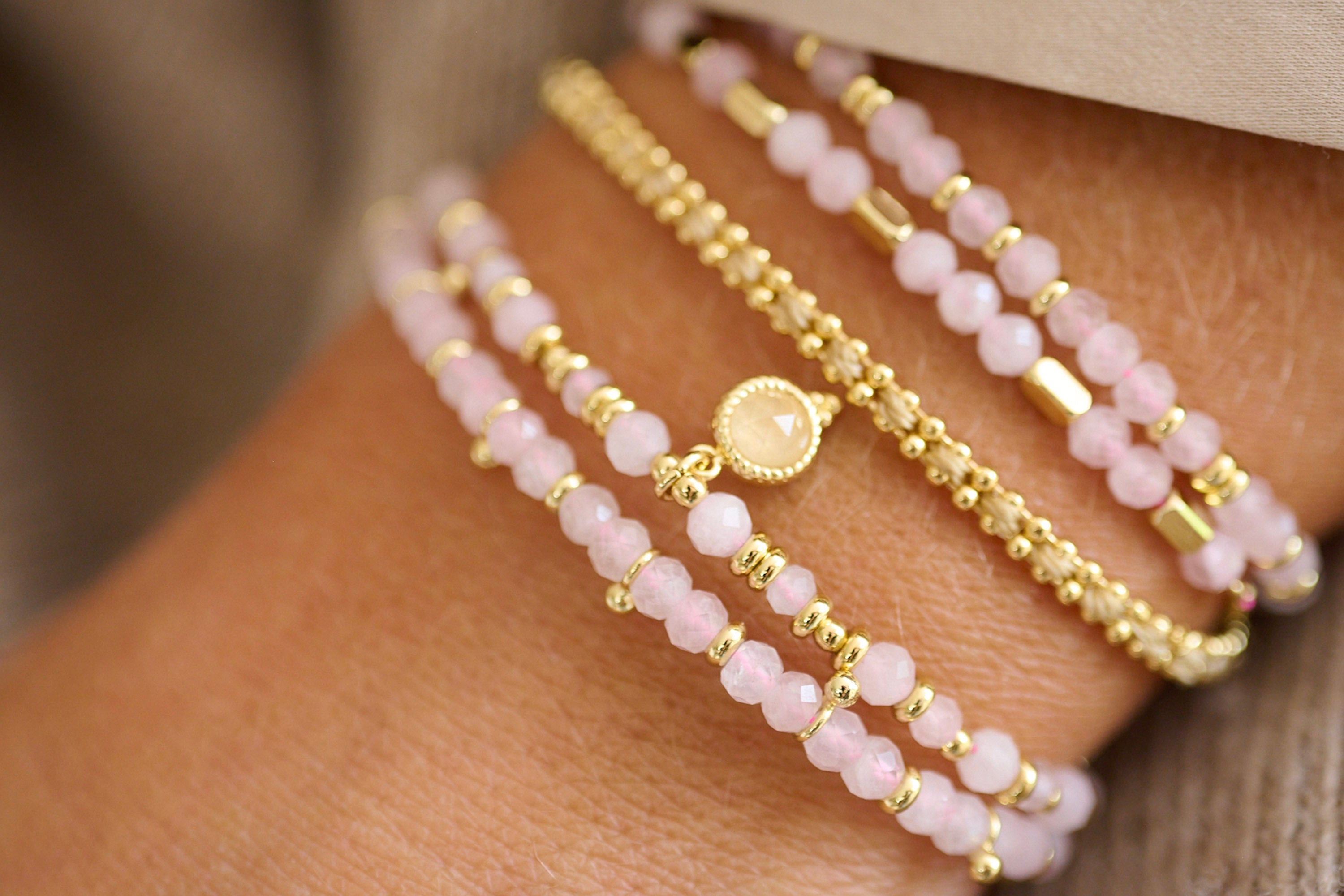 Sense Rose Quartz Charm Gold Bracelet - Boho Betty