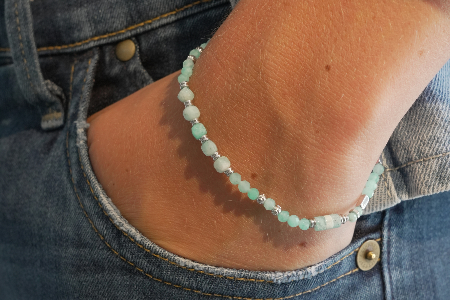 Yasmin Amazonite Silver Gemstone Bracelet worn stacked on the wrist with natural Amazonite gemstone beads and waterproof white gold PVD stainless steel accents.