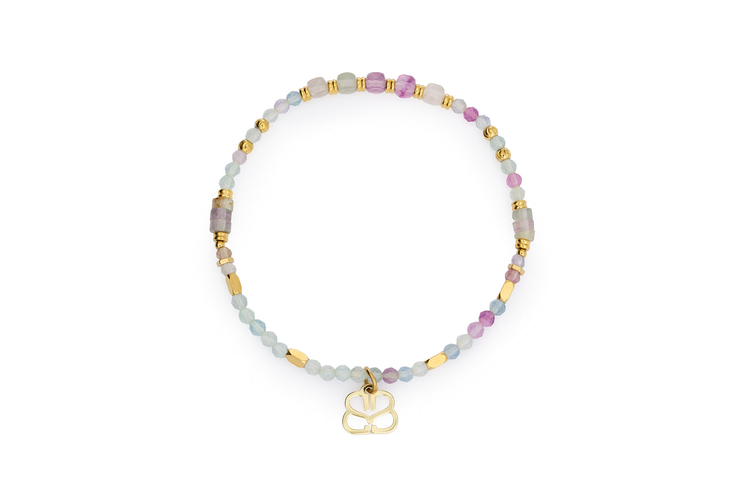 Yasmin Rainbow Fluorite Gemstone Bracelet with pastel beads and gold stainless steel charm.