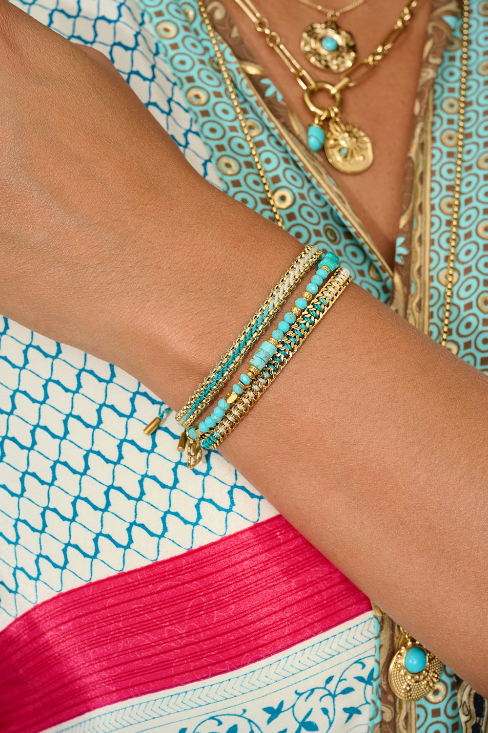 Yasmin turquoise howlite bracelet featured on wrist with Boho Betty stacking bracelets
