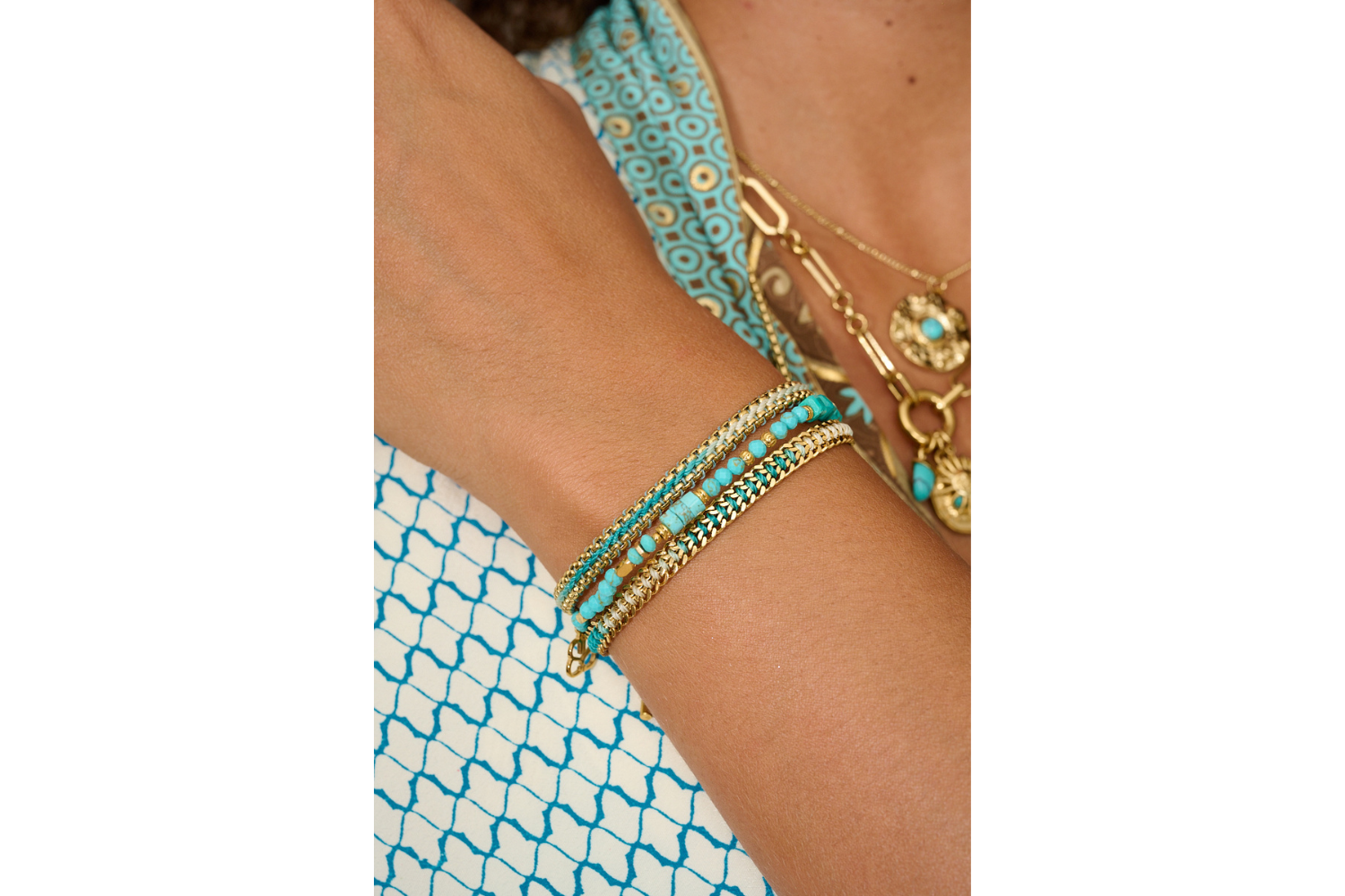 Yasmin turquoise howlite bracelet featured on wrist with Boho Betty stacking bracelets