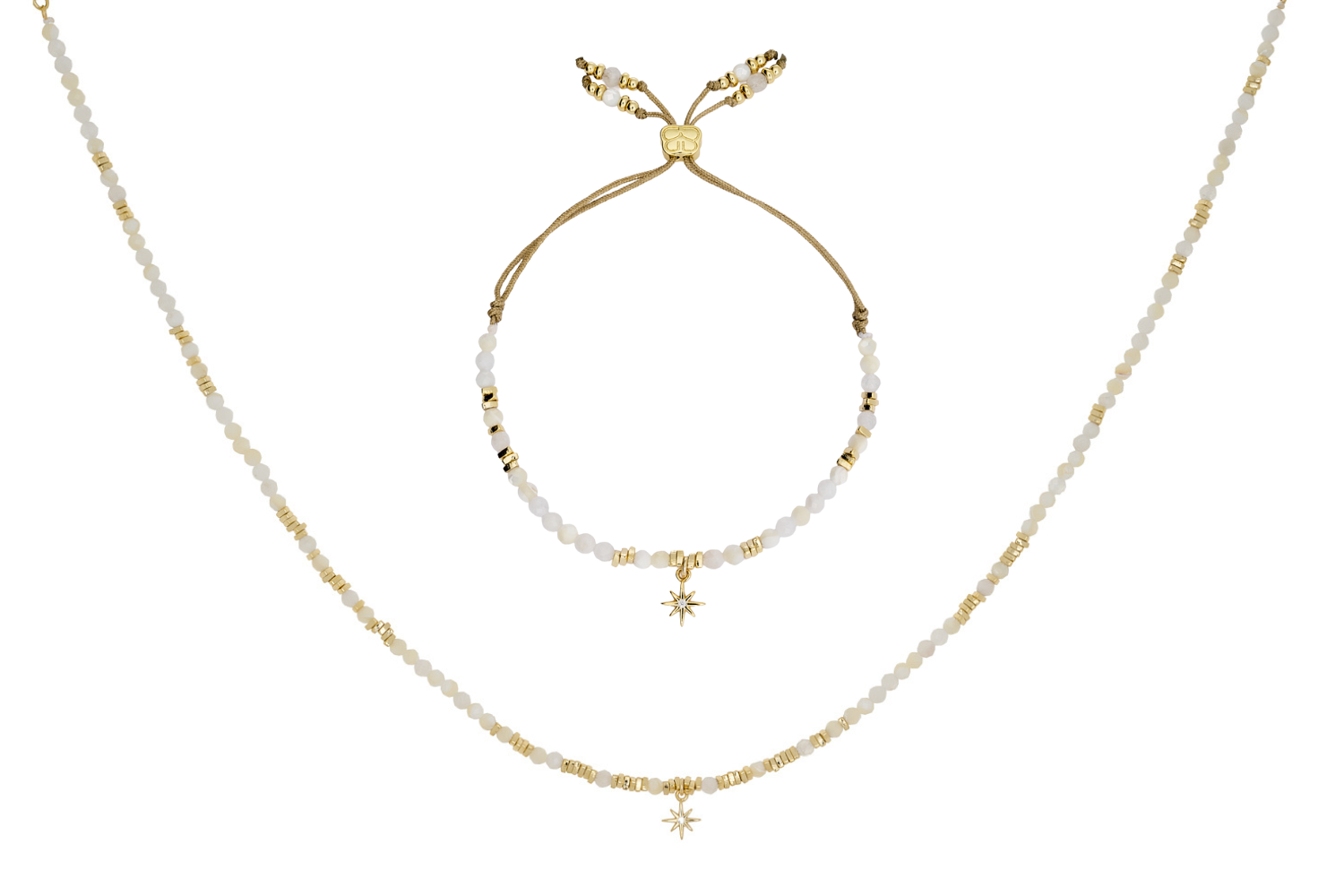 Yolanda & Una Moonstone & Pearl Gold Jewellery Set with star charm and golden accents