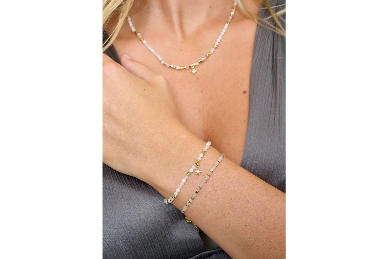 Yolanda & Una Moonstone & Pearl Gold Jewellery Set styled with necklace and bracelet for a soft celestial look