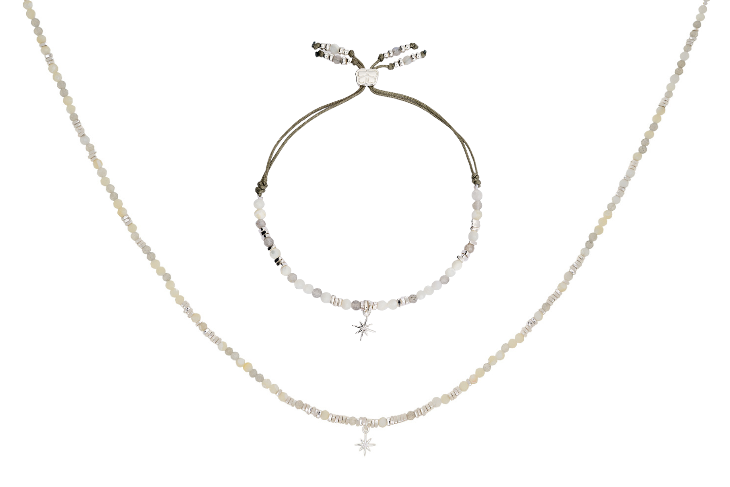 Yolanda & Una Moonstone & Pearl Silver Jewellery Set featuring moonstone beads, freshwater pearls and silver accents with star charm