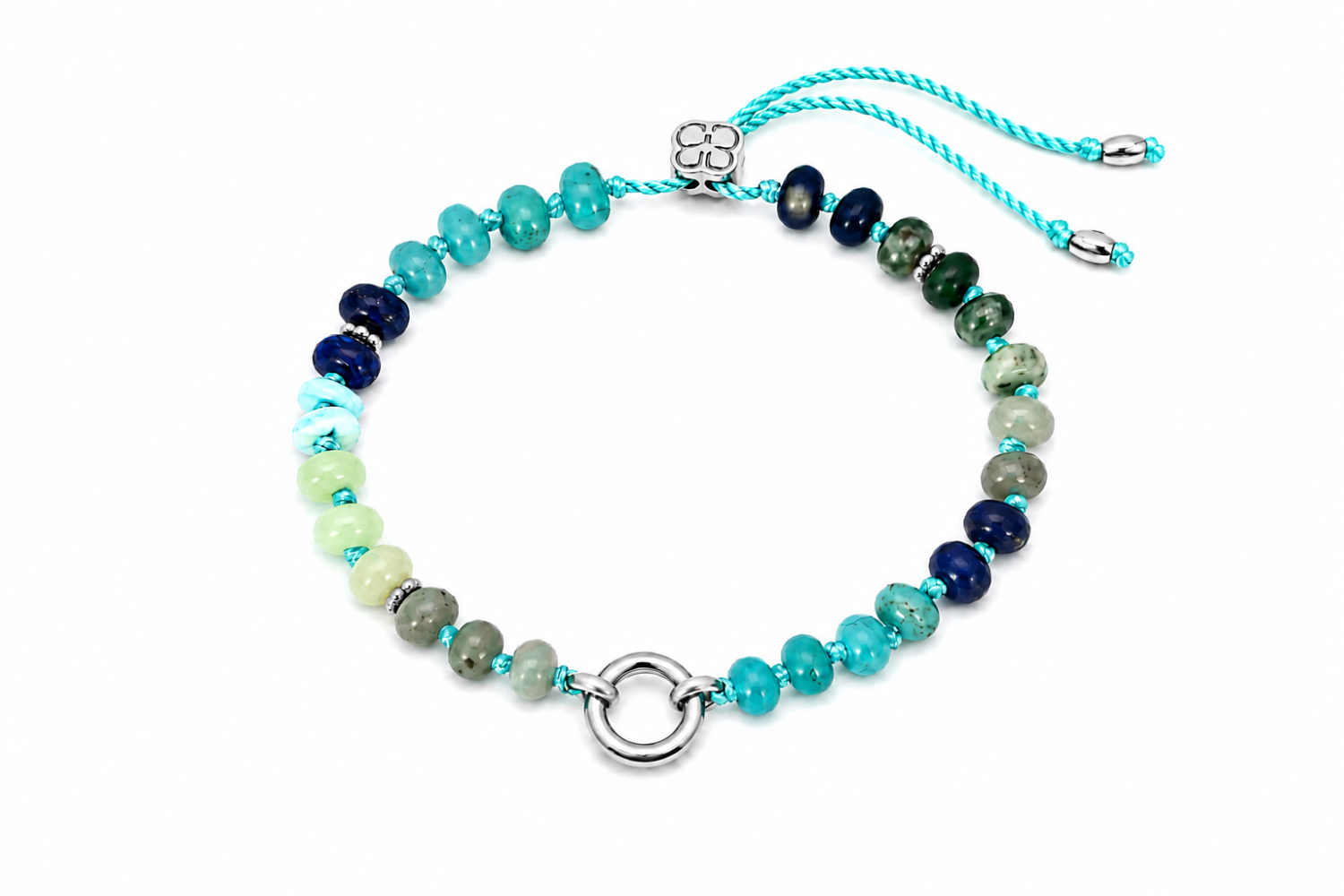 Zaha Blue Silver Charm Carrier Bracelet featuring Jade, Shell, Howlite and Turquoise gemstone beads with a waterproof white gold PVD charm carrier clasp.