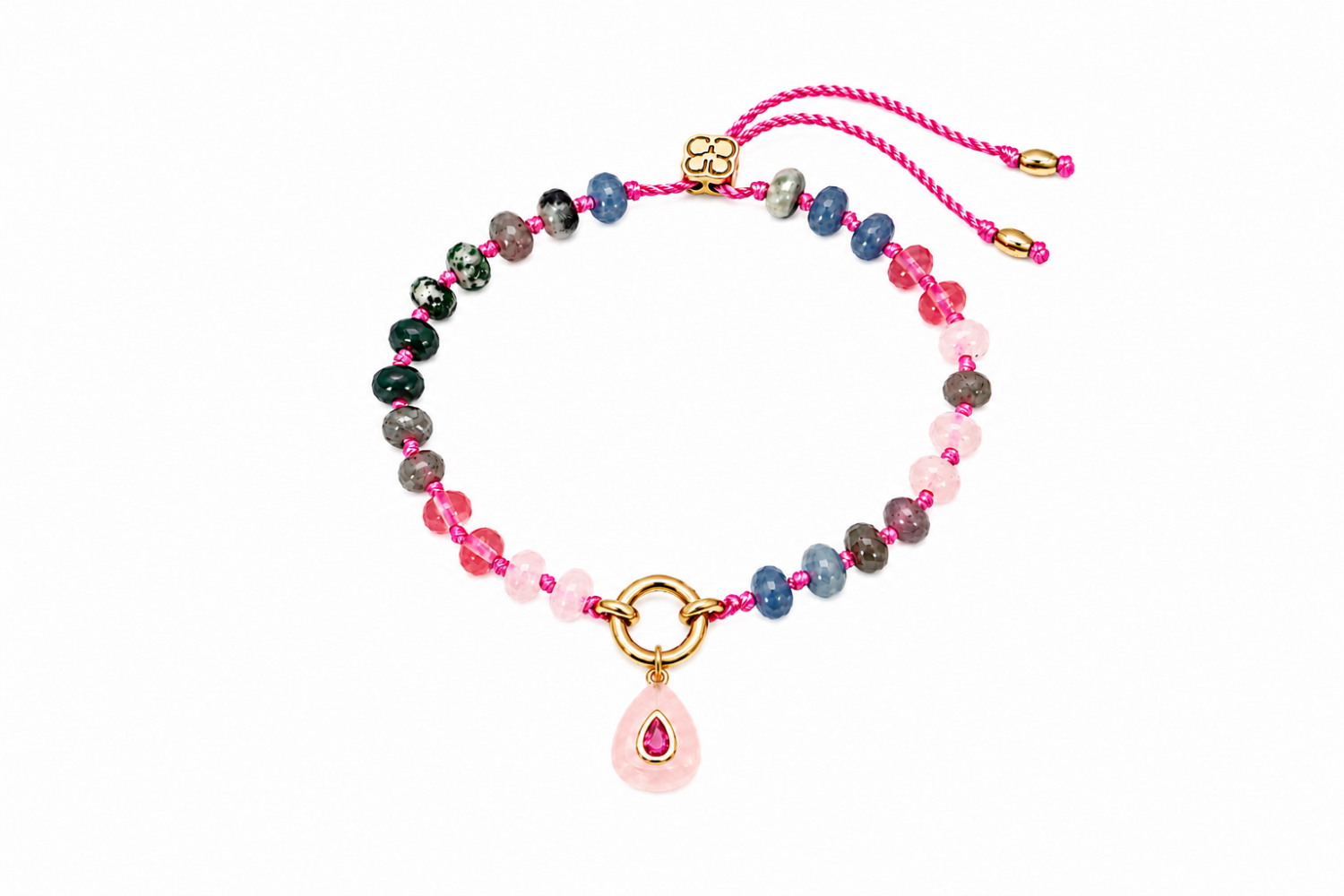 Zaha Pink Beaded Gold Charm Carrier Bracelet featuring pink jade, rose quartz and labradorite gemstone beads with a waterproof 14k gold PVD charm carrier clasp.