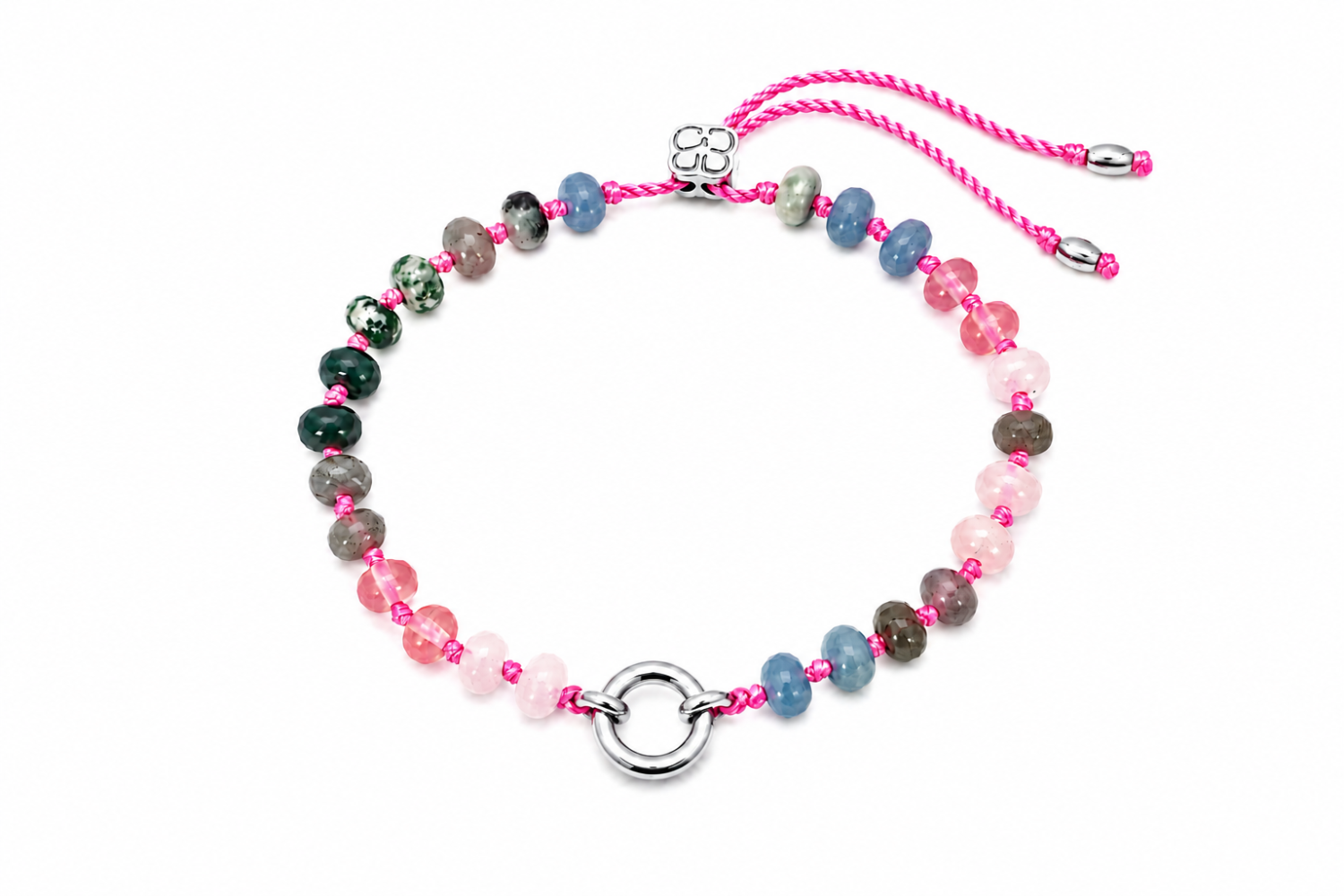 Zaha Pink Silver Charm Carrier Bracelet featuring Jade, Rose Quartz and Labradorite gemstone beads with a waterproof white gold PVD charm carrier clasp.