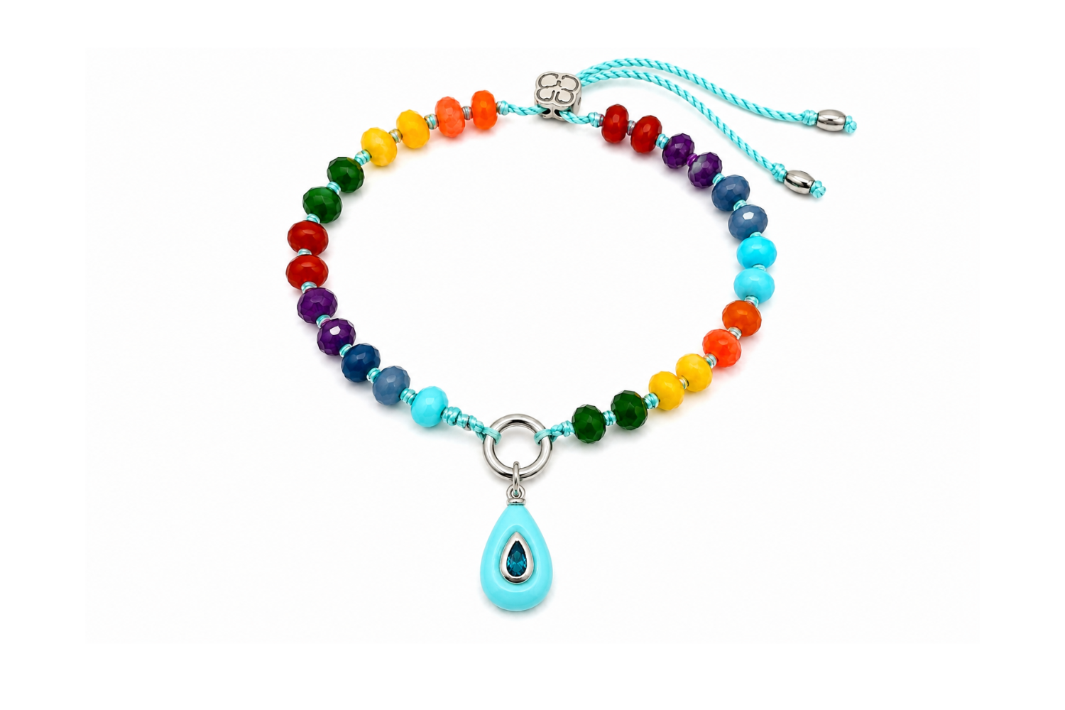 Zaha Rainbow Silver Charm Carrier Bracelet styled with a Boho Betty Fleurette turquoise charm on the waterproof white gold PVD charm carrier.