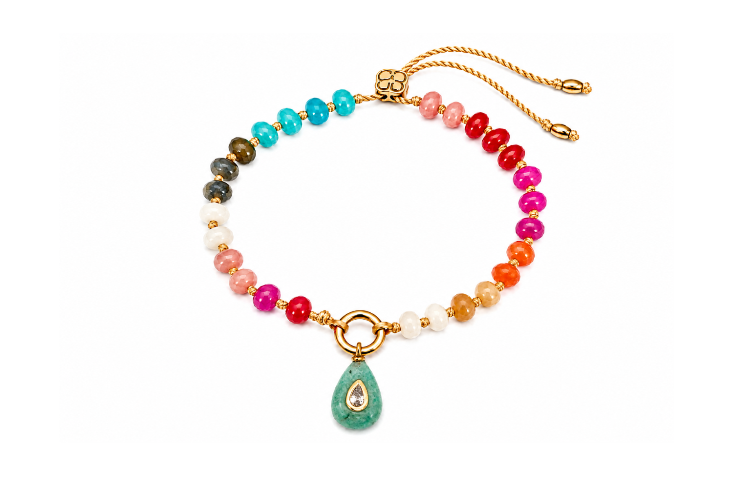Zaha Tropical Gold Charm Carrier Bracelet styled with a Boho Betty Fleurette amazonite charm on the waterproof 14k Gold PVD charm carrier.