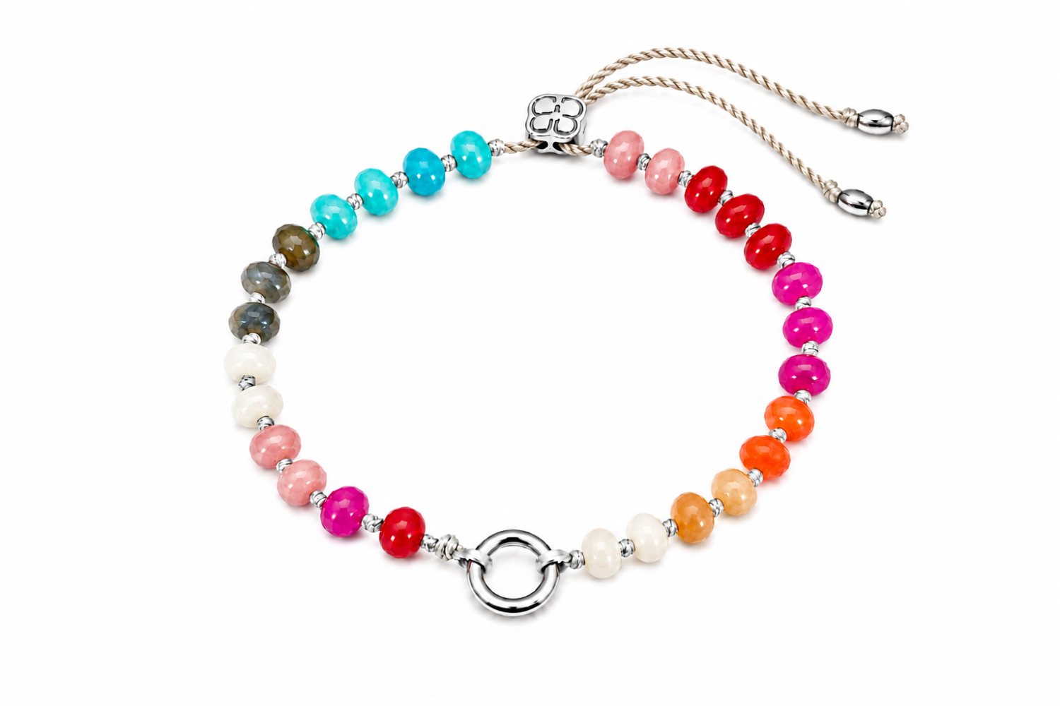 Zaha Tropical Silver Charm Carrier Bracelet featuring dyed jade, agate, rose quartz and labradorite gemstone beads with a waterproof white gold PVD stainless steel charm carrier clasp.